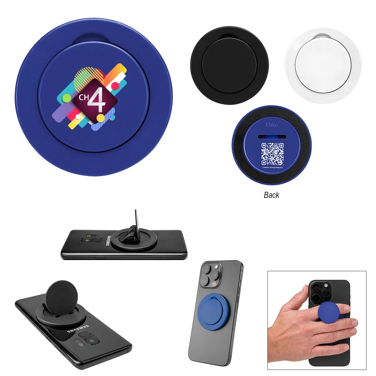 Magnetic phone holder measuring just over two inches across