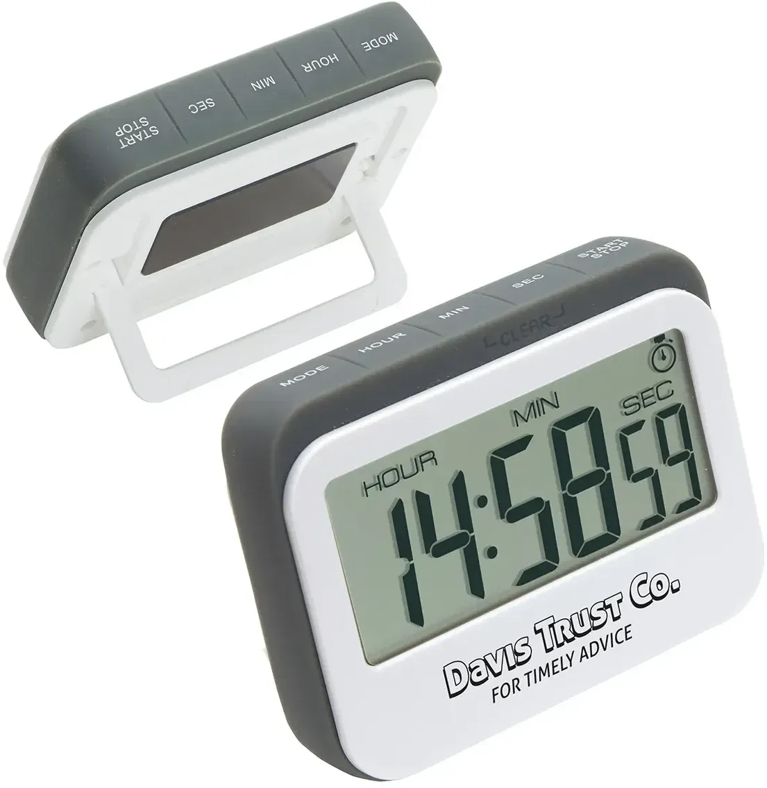 Custom branded kitchen timer held on a fridge by its magnetic back
