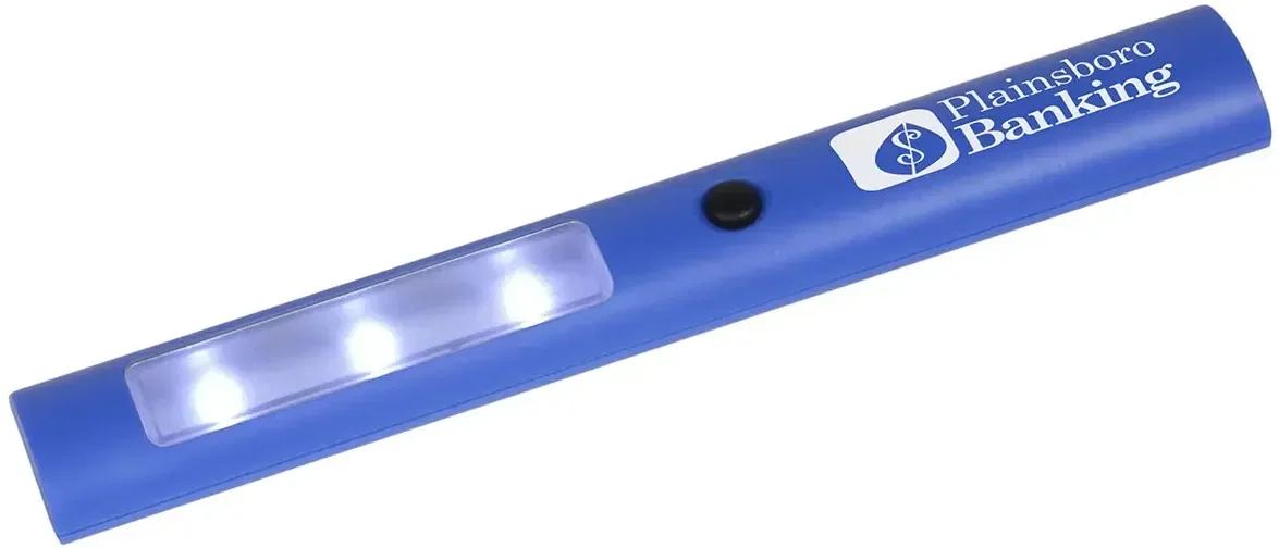 Close-up of the promotional LED light stick magnetic back, custom branded flashlight for garages and trunks