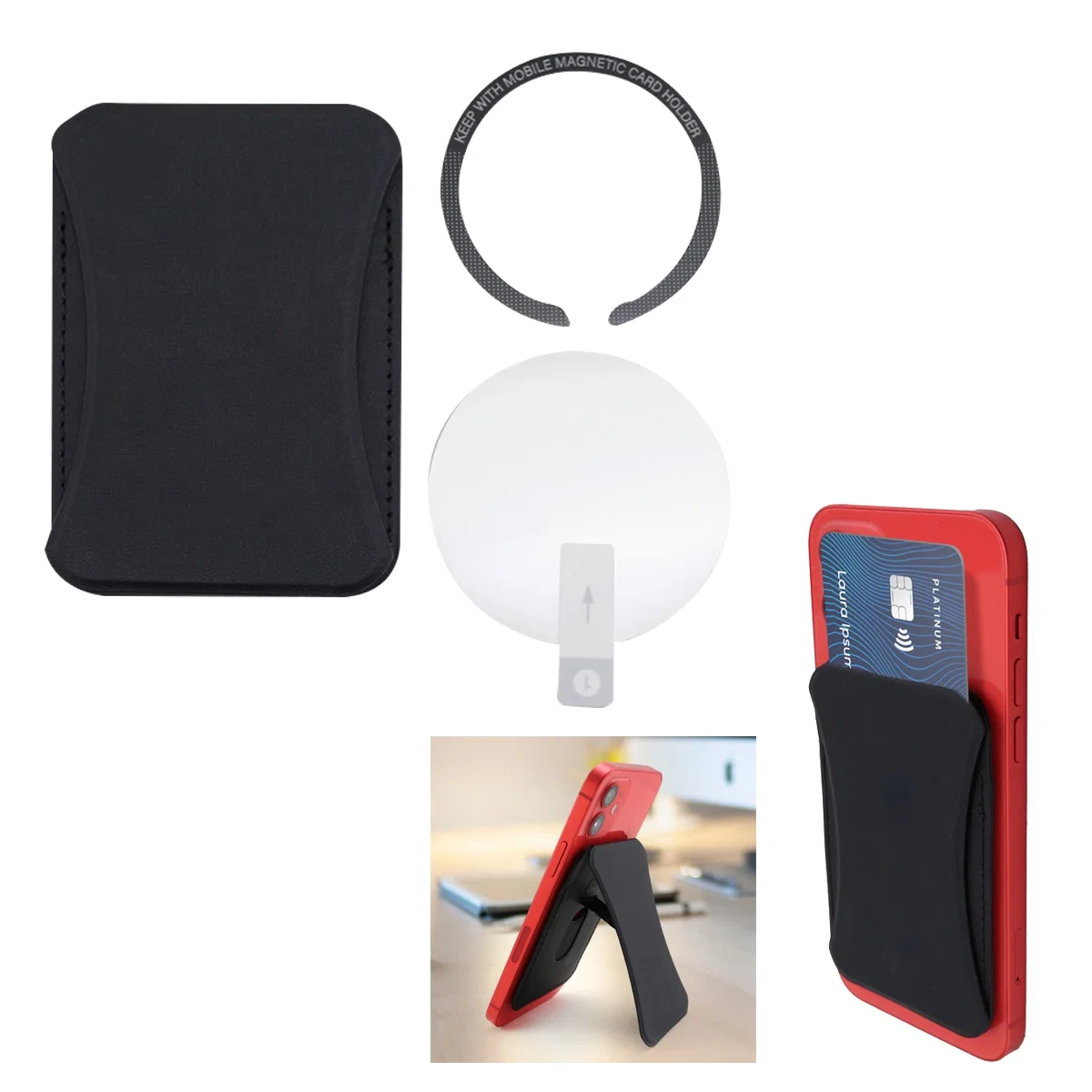 Wallet folded out to prop a phone upright