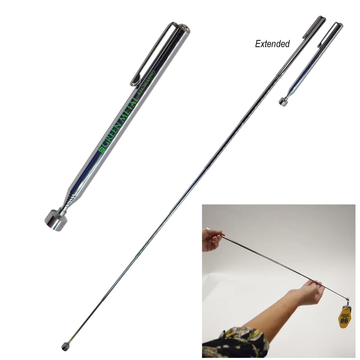 Silver magnetic retriever tool shown at its closed length