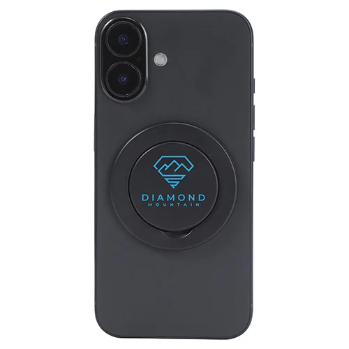 Custom branded magnetic ring phone grip and stand, front view of promotional phone accessory