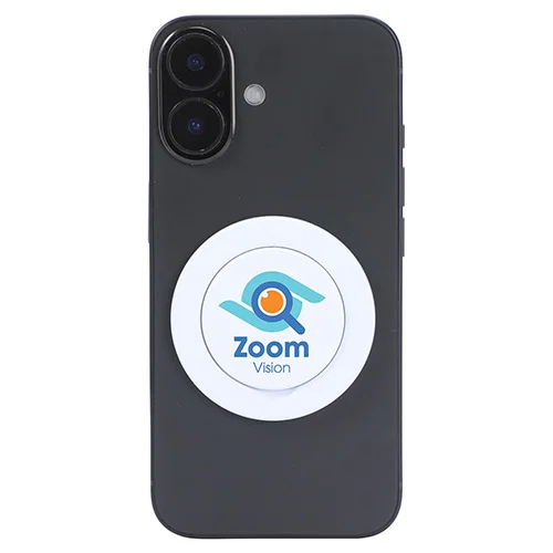 Promotional magnetic ring phone grip on a phone back, custom branded phone grip and stand in use