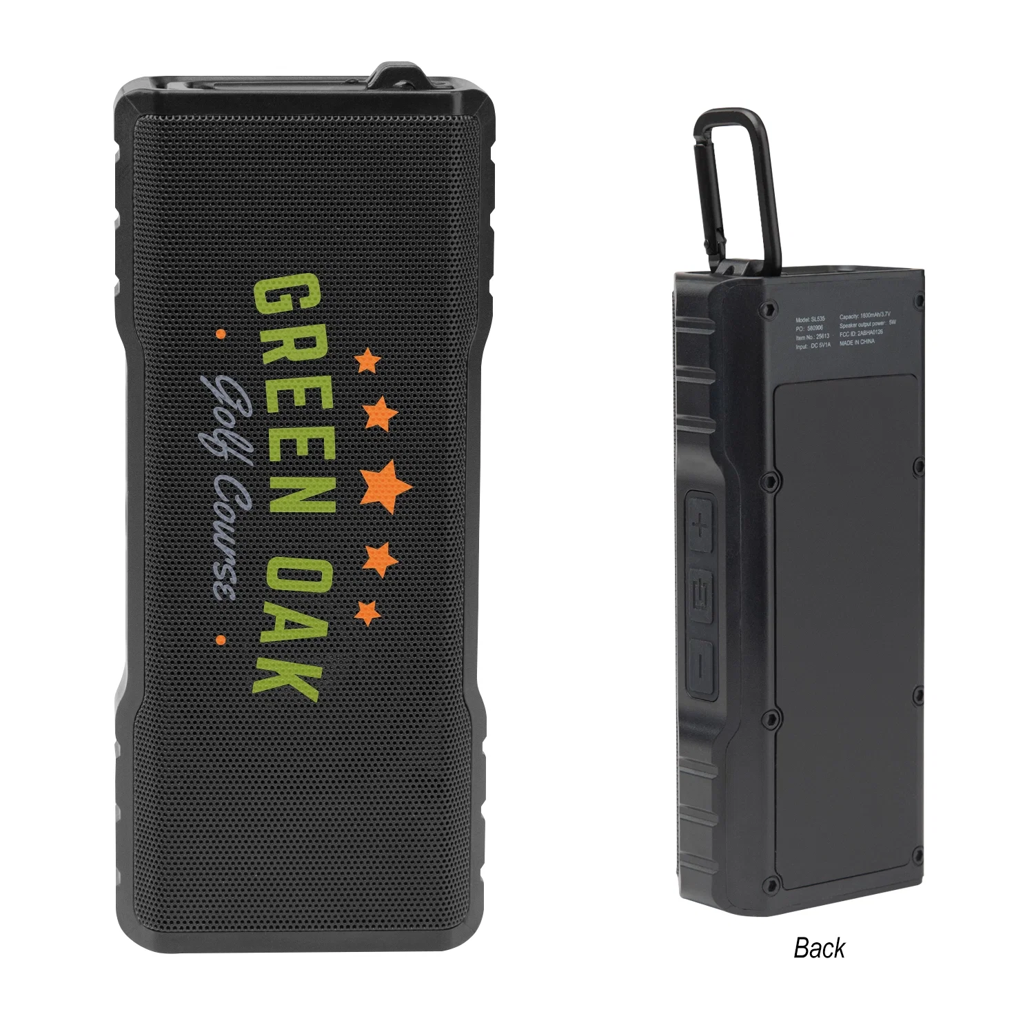 Rectangular speaker with a carabiner clip attached to the top