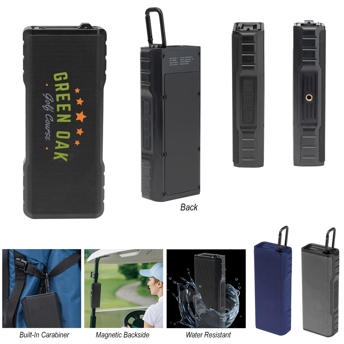 Magnetic speaker and carabiner clip for hanging on a pack