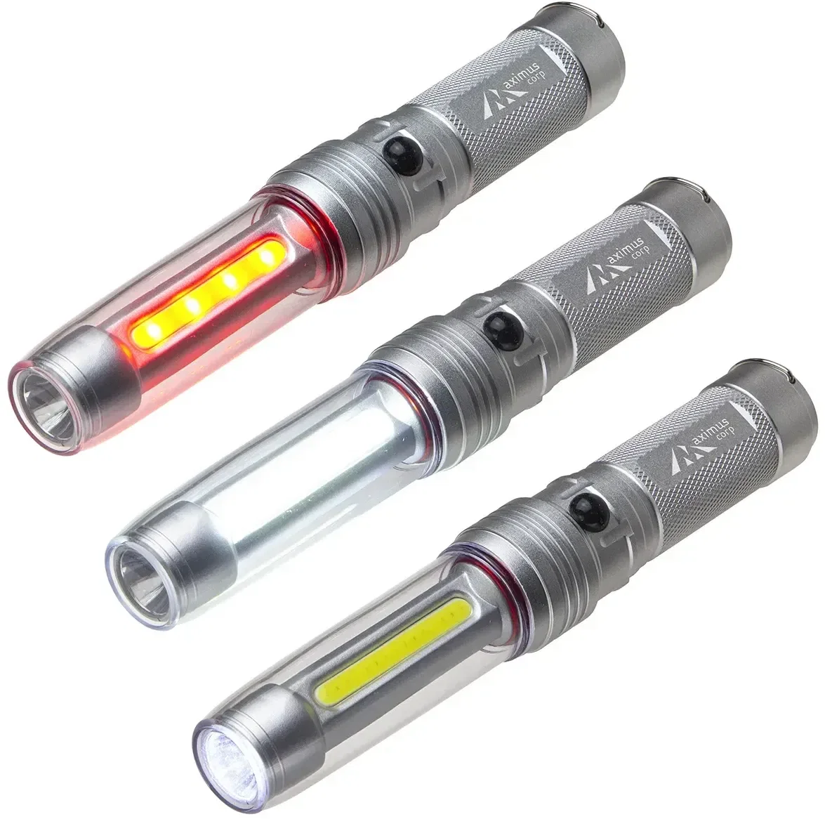 Close-up of custom flashlight COB side panel and beam switch