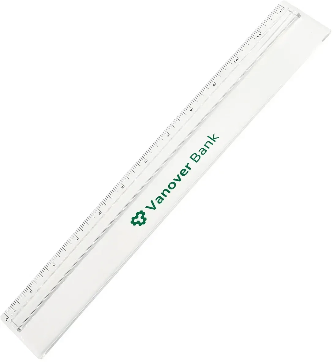 Close-up of the branded Magni-Ruler translucent bar magnifying text, custom promotional ruler tool