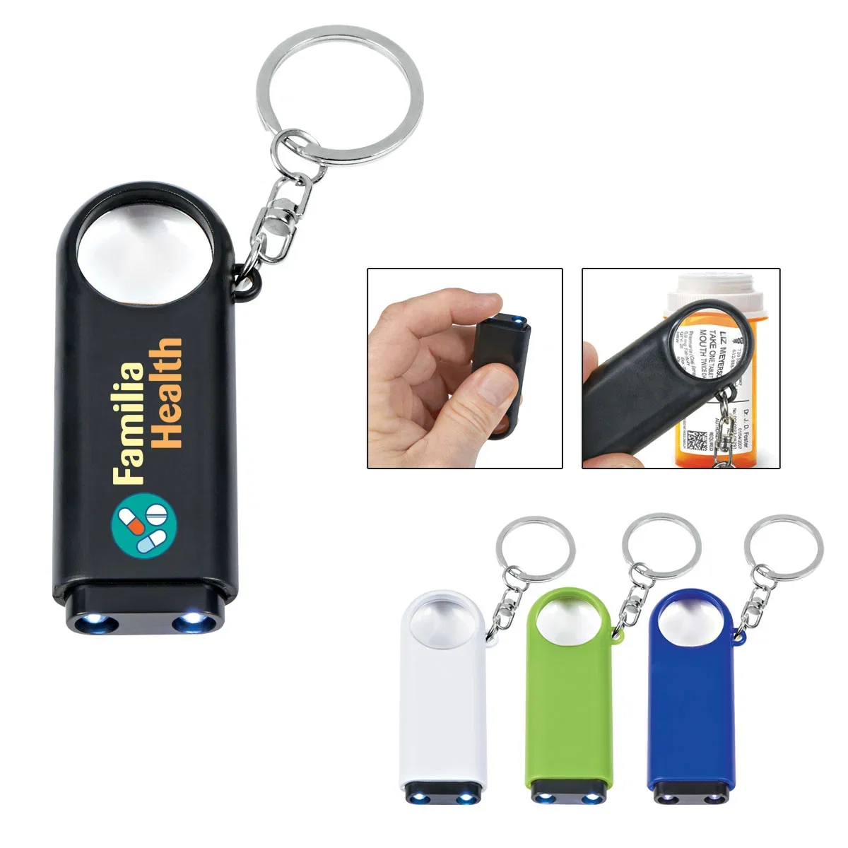 Black magnifier and LED light key chain shown flat
