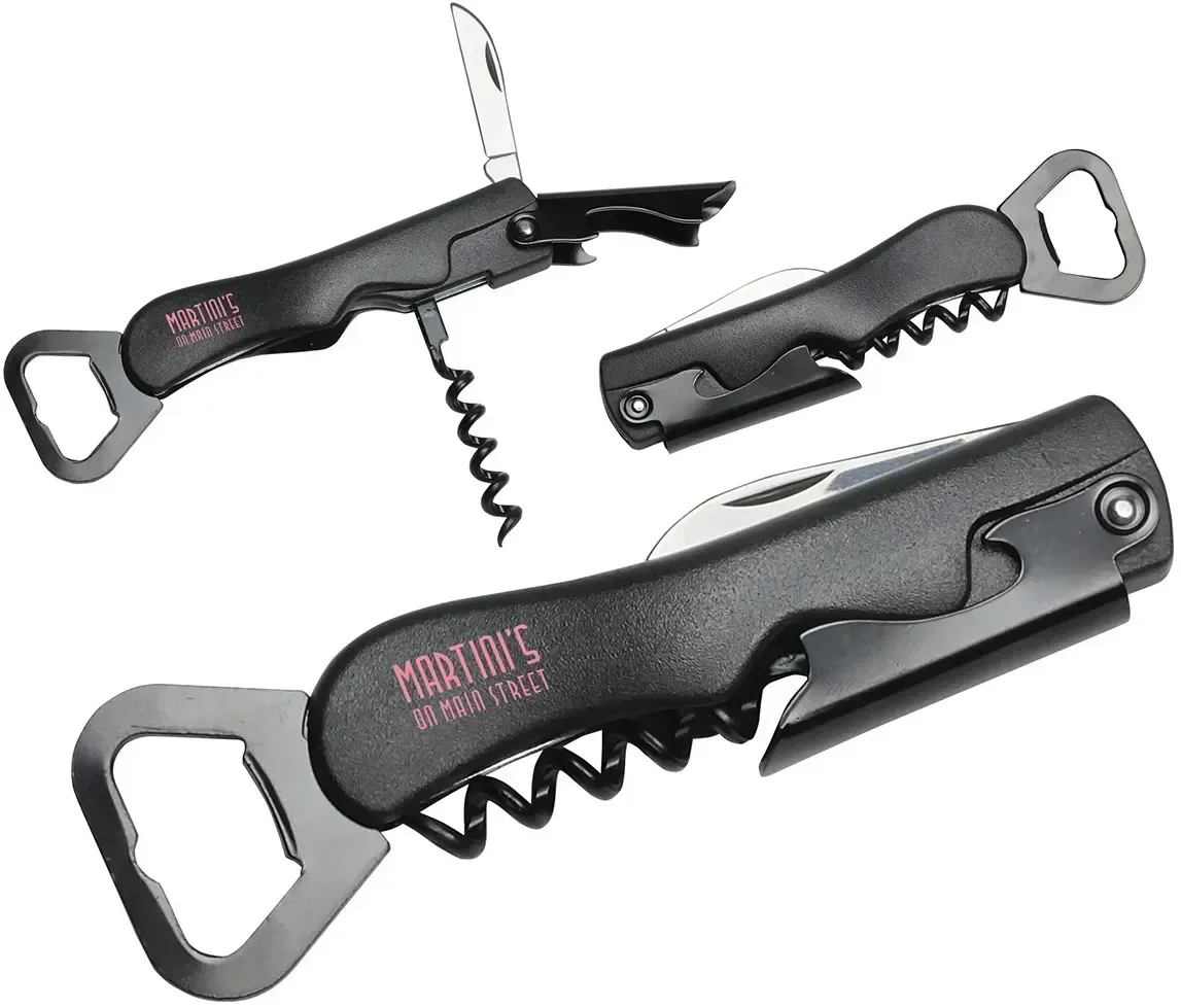 Custom Magnum 4-in-1 bottle opener with branded logo, promotional bar tool