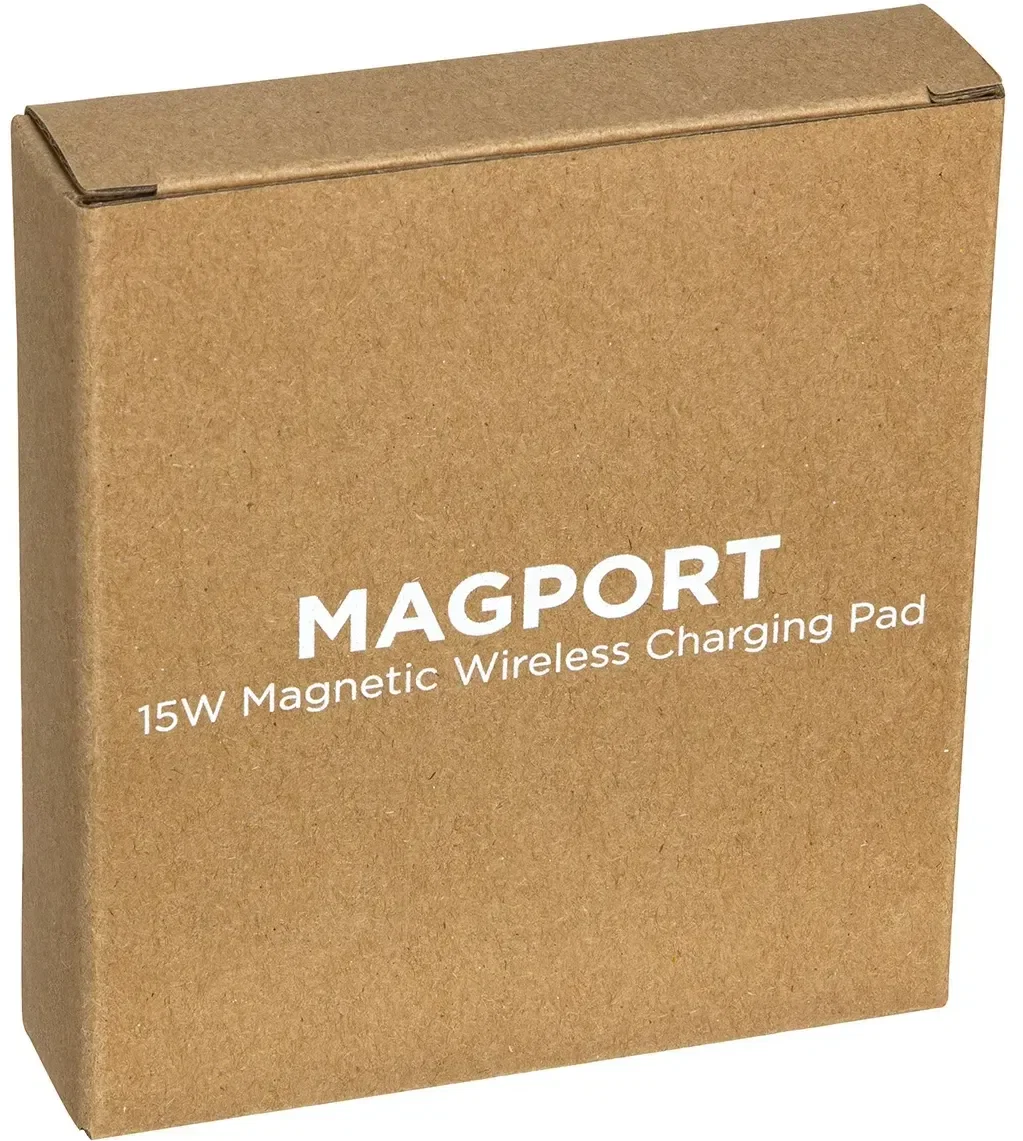 Branded Magport charger snapped to a MagSafe phone, promotional magnetic wireless charger