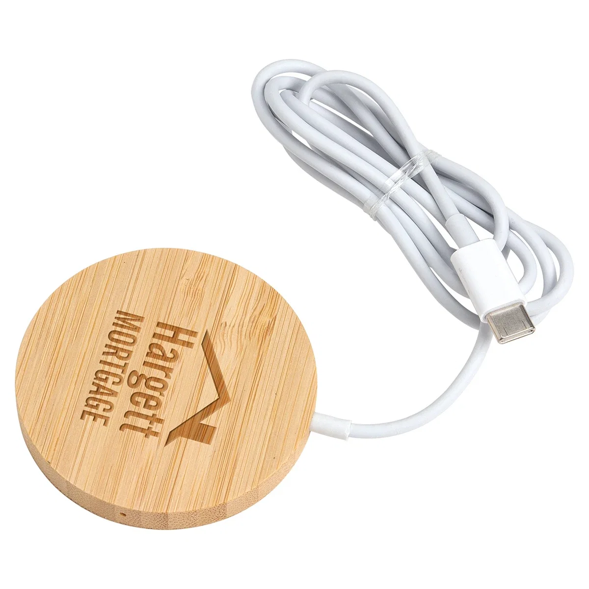 Close-up of the Magport Bamboo Wireless Charger's logo imprint area