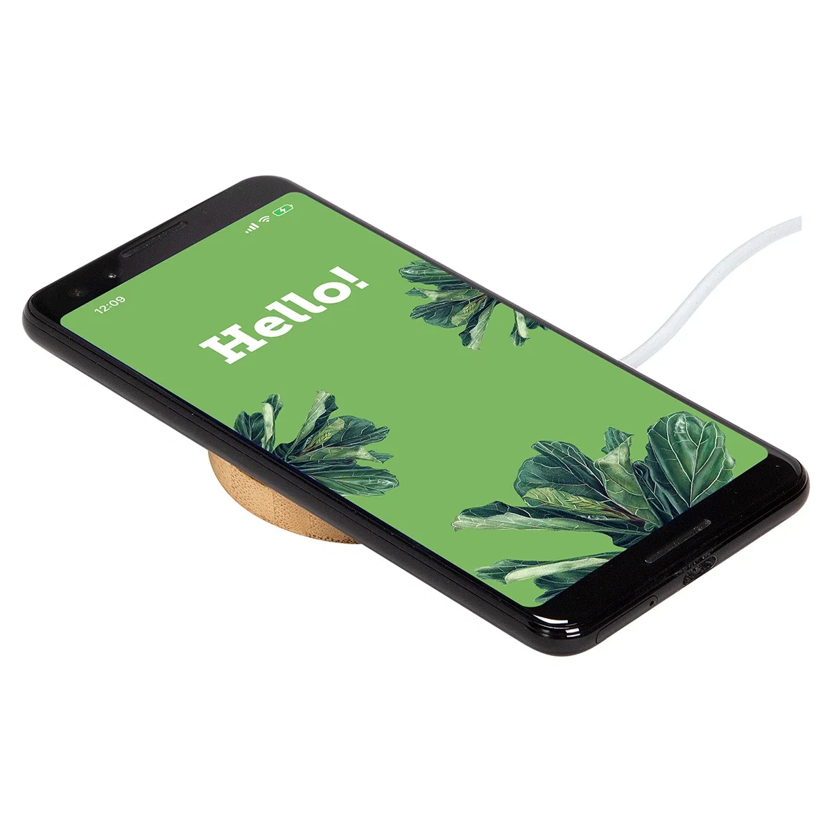 Magport Bamboo Wireless Charger charging a smartphone, promotional 15W wireless charger in use