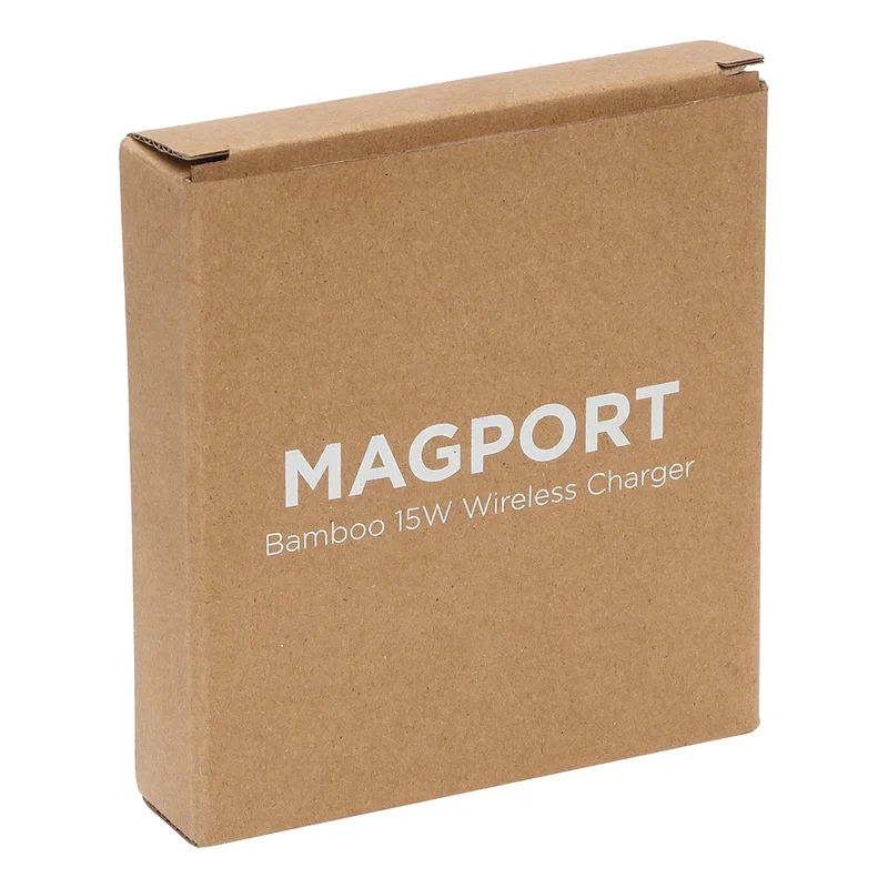 Magport Bamboo Wireless Charger retail packaging, branded box for the promotional charger