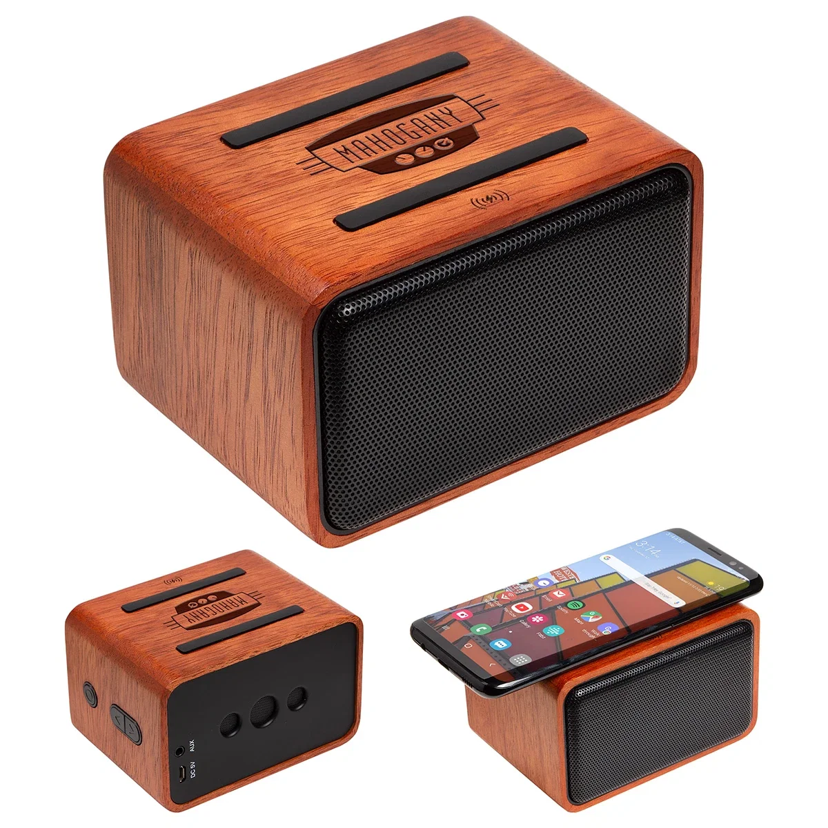 Custom Mahogany Wireless Speaker, front view of the branded speaker with wireless charger