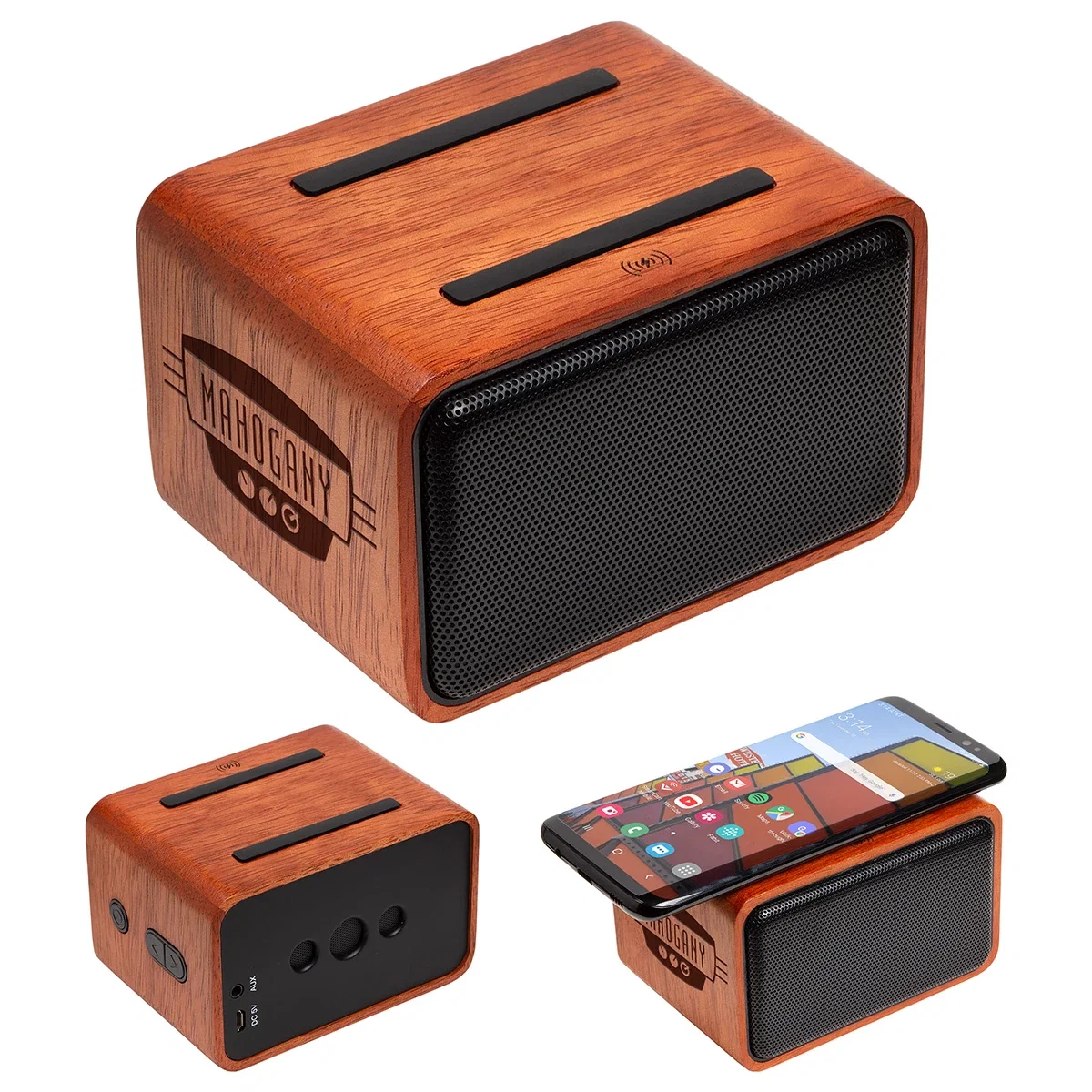 Side profile of the custom Mahogany Wireless Speaker and Charger