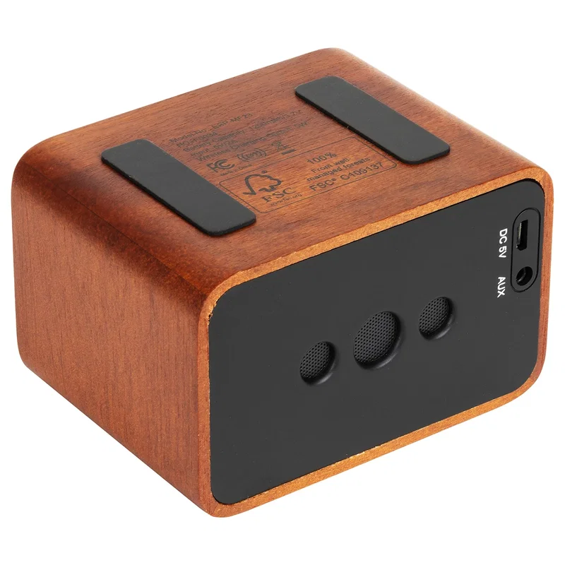 Angled view of the branded Mahogany Wireless Speaker with Wireless Charger