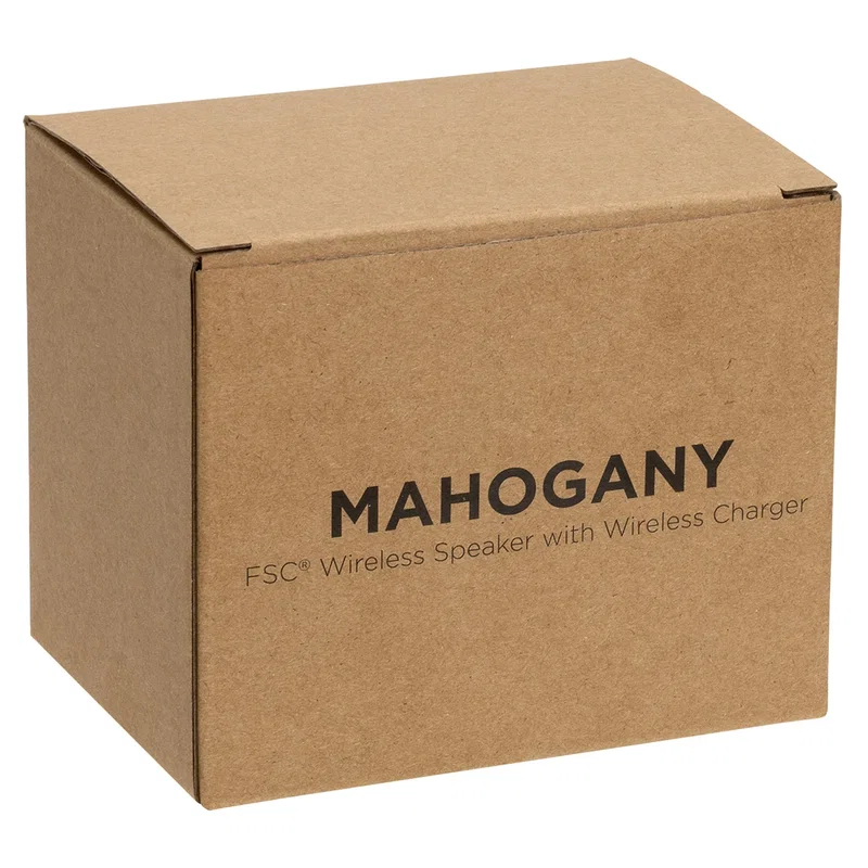 Custom Mahogany Wireless Speaker shown in its retail packaging box