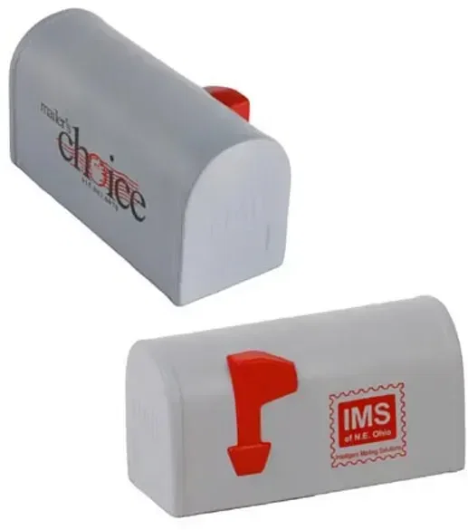 Custom Mailbox Stress Reliever shaped like a curbside mailbox, molded foam with promotional logo