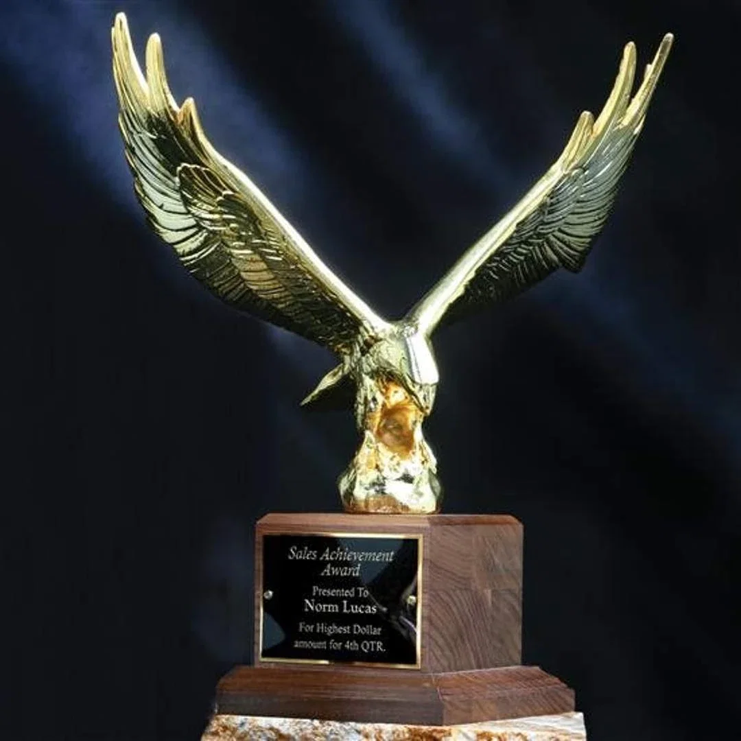 Custom Cast Metal Eagle Award With a Swappable Base and Finish for corporate award ceremonies