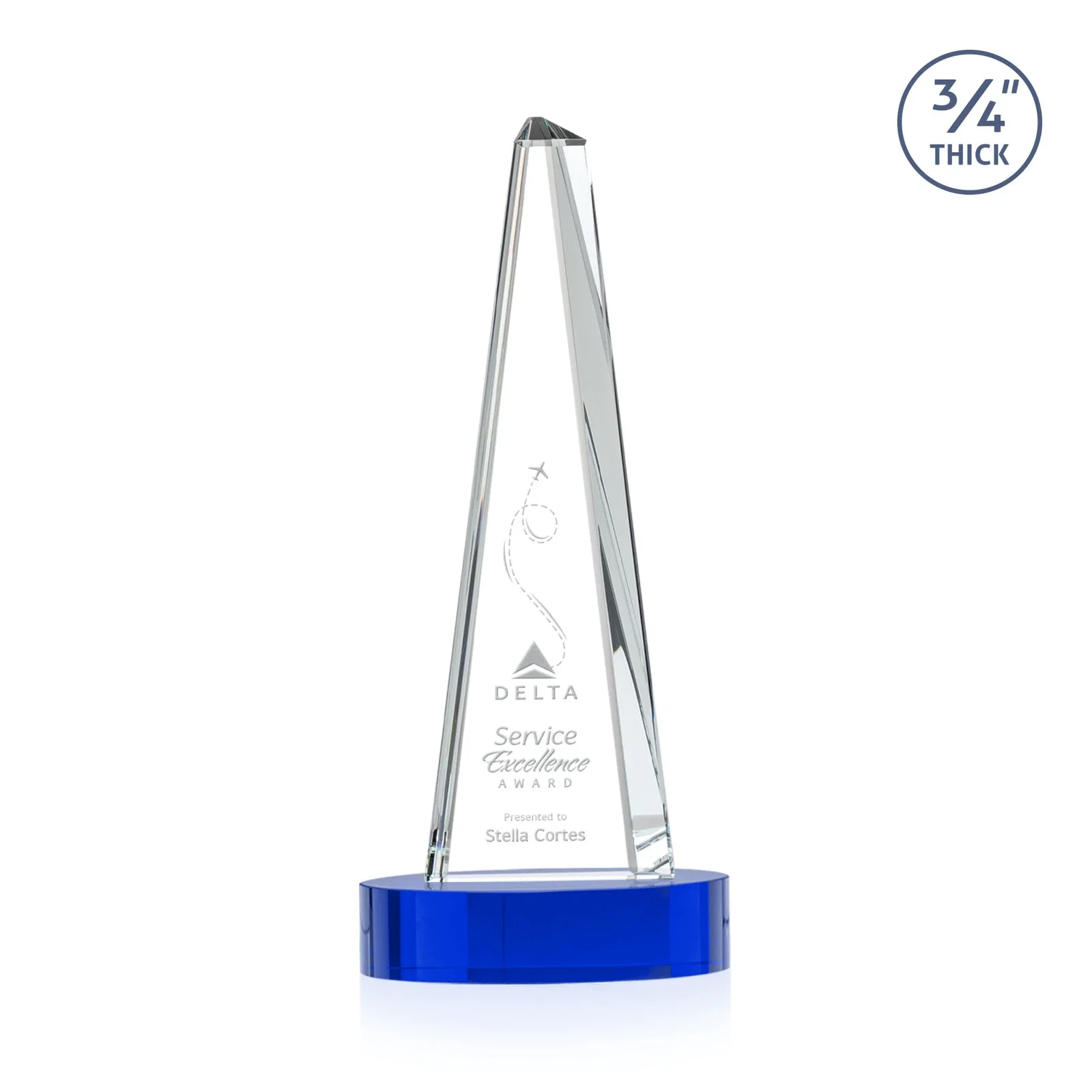 Custom Starfire Crystal Tower Award, 3/4 Inch Thick, Alberton Base for company anniversary events