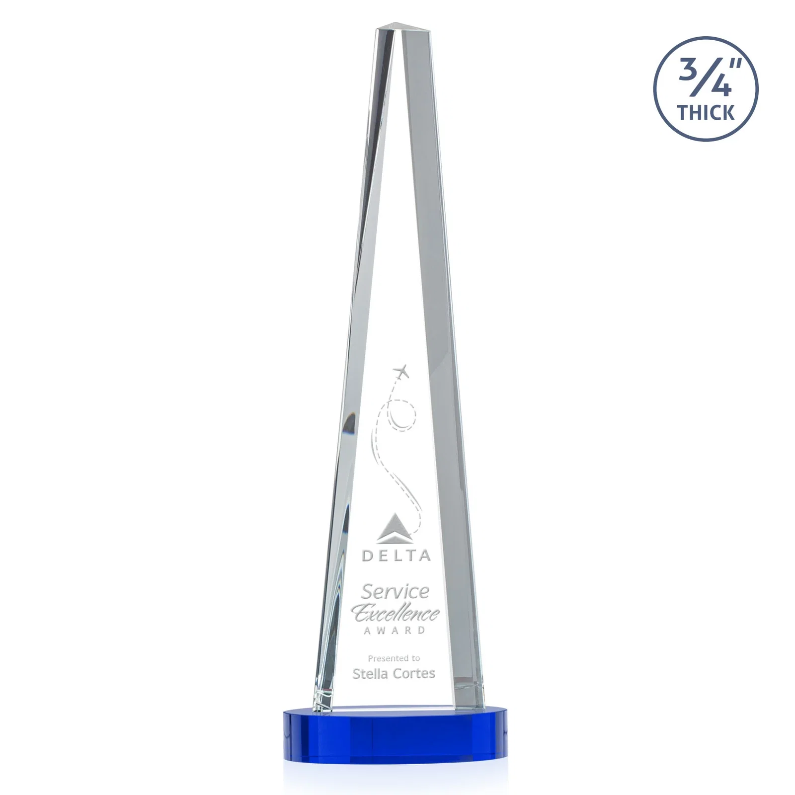 Personalized Starfire Crystal Tower Award, 3/4 Inch Thick, Alberton Base for service anniversary gifts