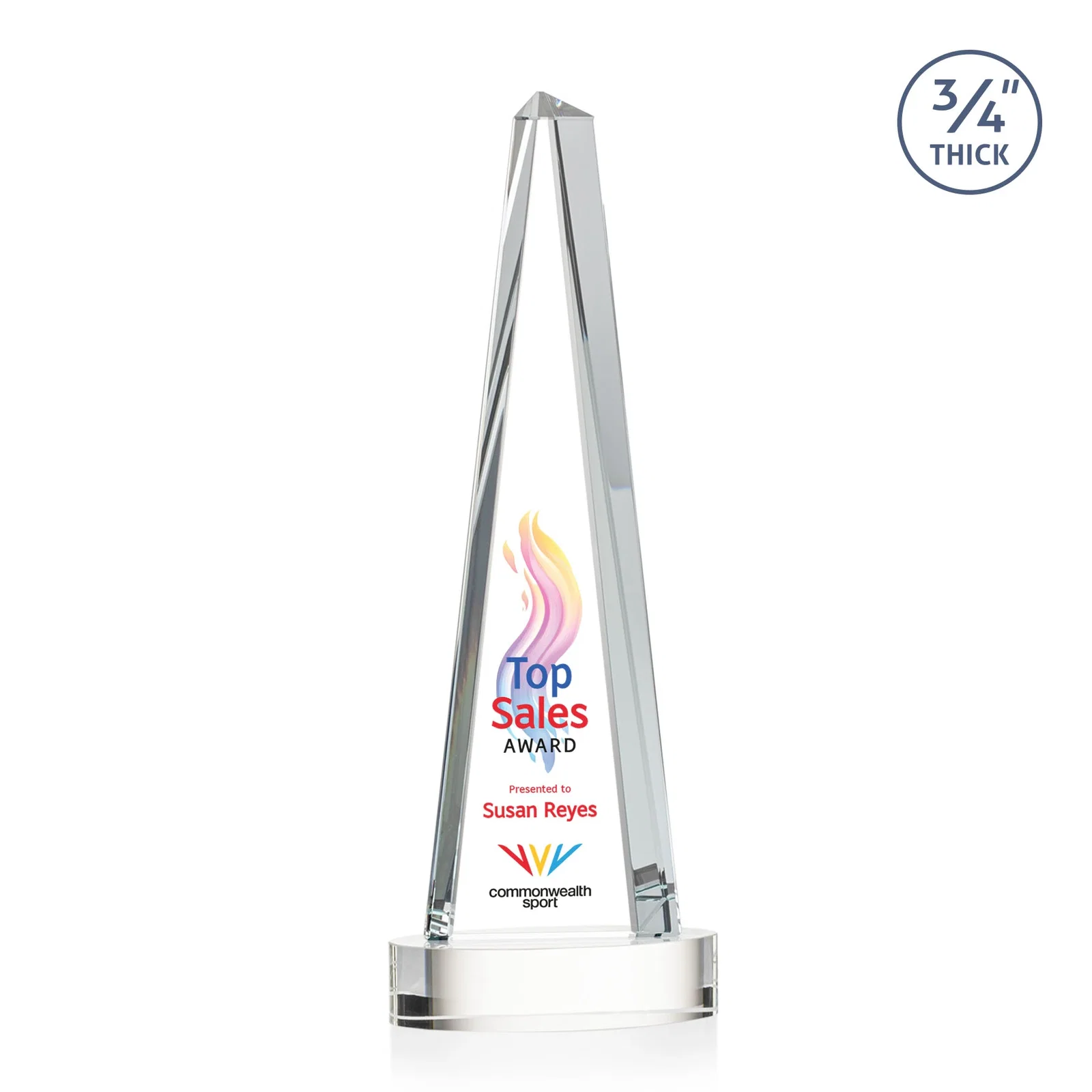 Personalized Starfire Crystal Tower Award, 3/4 Inch Thick, Alberton Base for team milestone celebrations