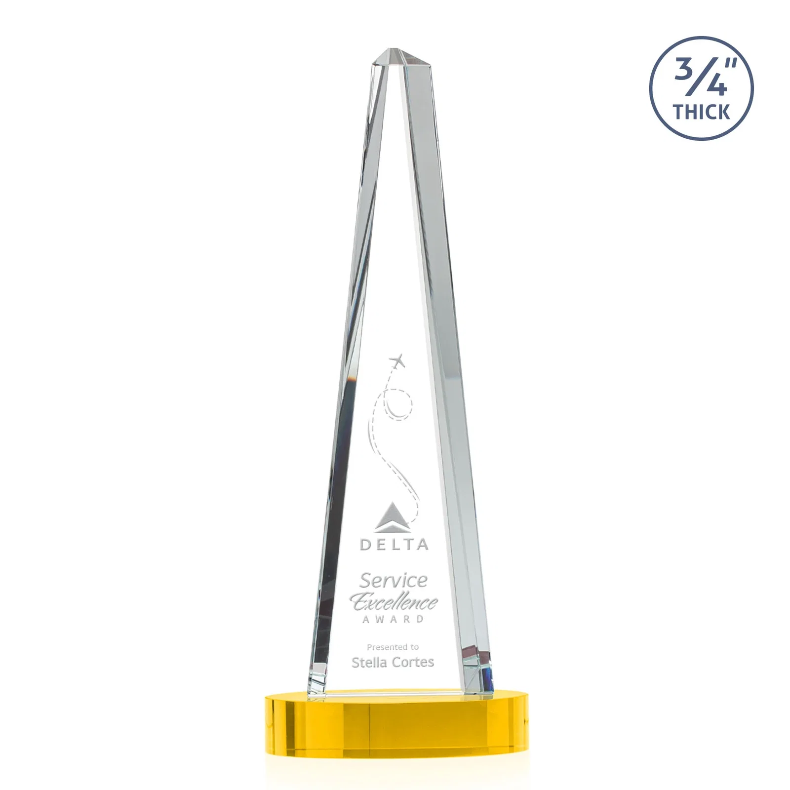 Branded Starfire Crystal Tower Award, 3/4 Inch Thick, Alberton Base for service anniversary gifts