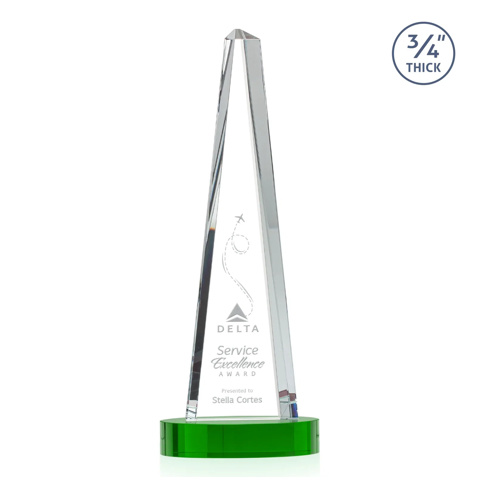 Branded Starfire Crystal Tower Award, 3/4 Inch Thick, Alberton Base for graduation ceremonies