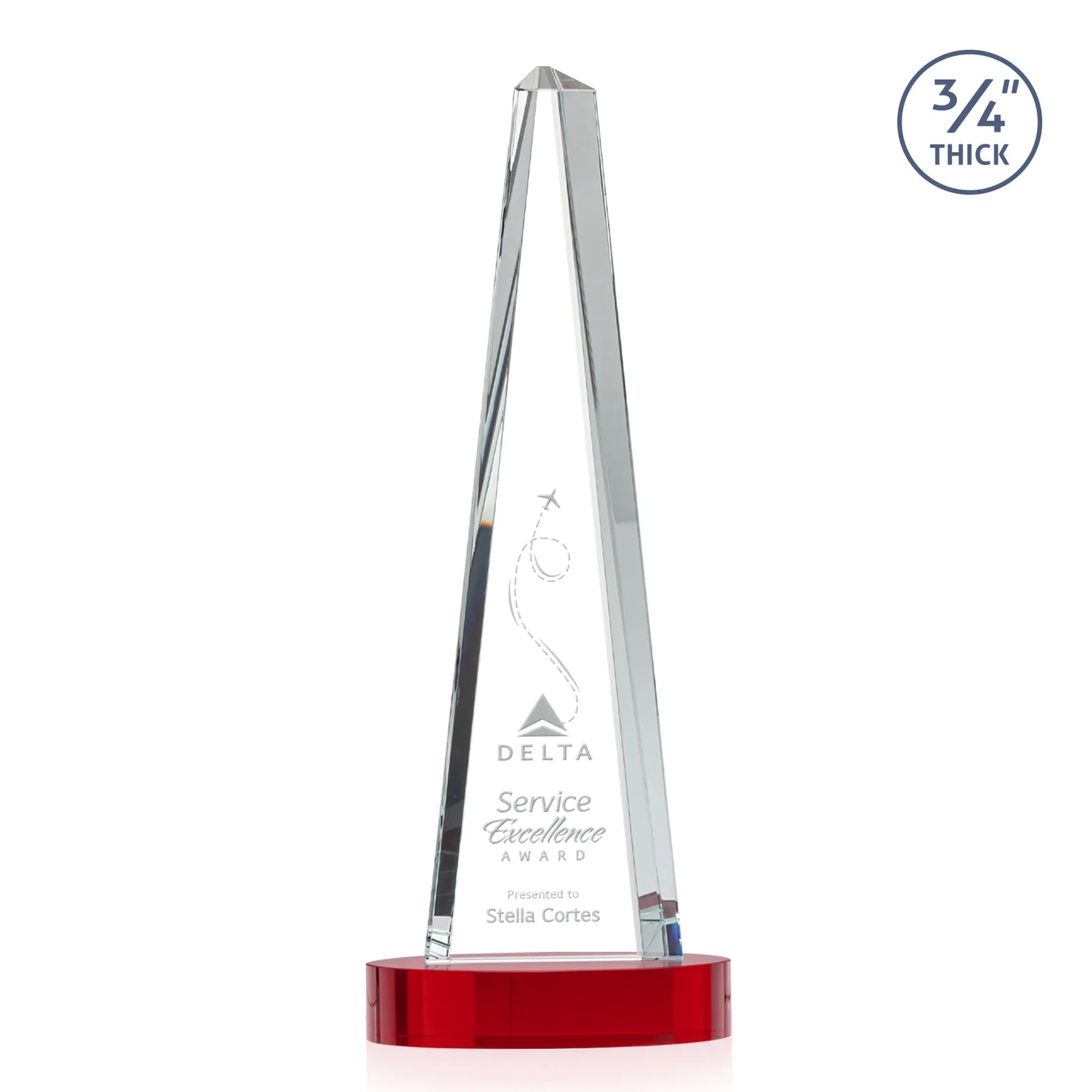 Custom printed Starfire Crystal Tower Award, 3/4 Inch Thick, Alberton Base for employee recognition
