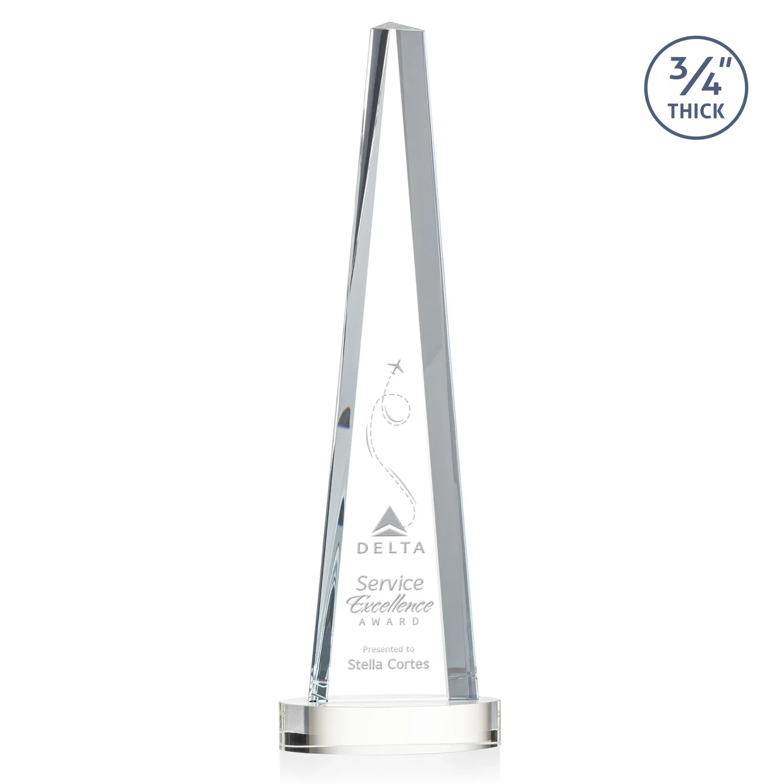 Custom Starfire Crystal Tower Award, 3/4 Inch Thick, Alberton Base for retirement presentations
