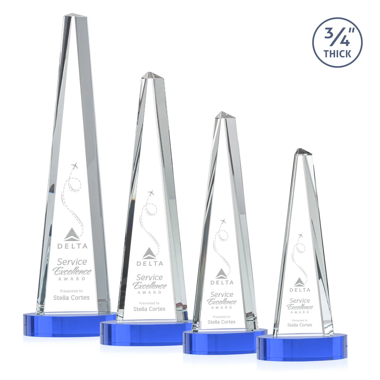 Custom printed Starfire Crystal Tower Award, 3/4 Inch Thick, Alberton Base for service anniversary gifts