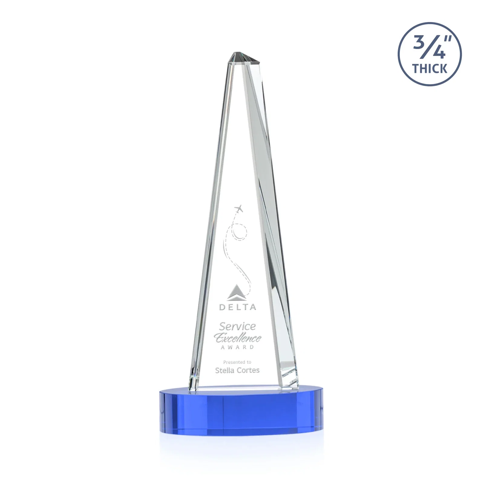 Custom printed Starfire Crystal Tower Award, 3/4 Inch Thick, Alberton Base for sales achievement awards