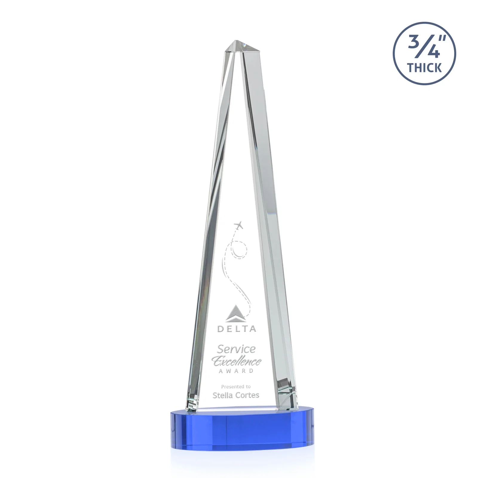 Custom printed Starfire Crystal Tower Award, 3/4 Inch Thick, Alberton Base for retirement presentations