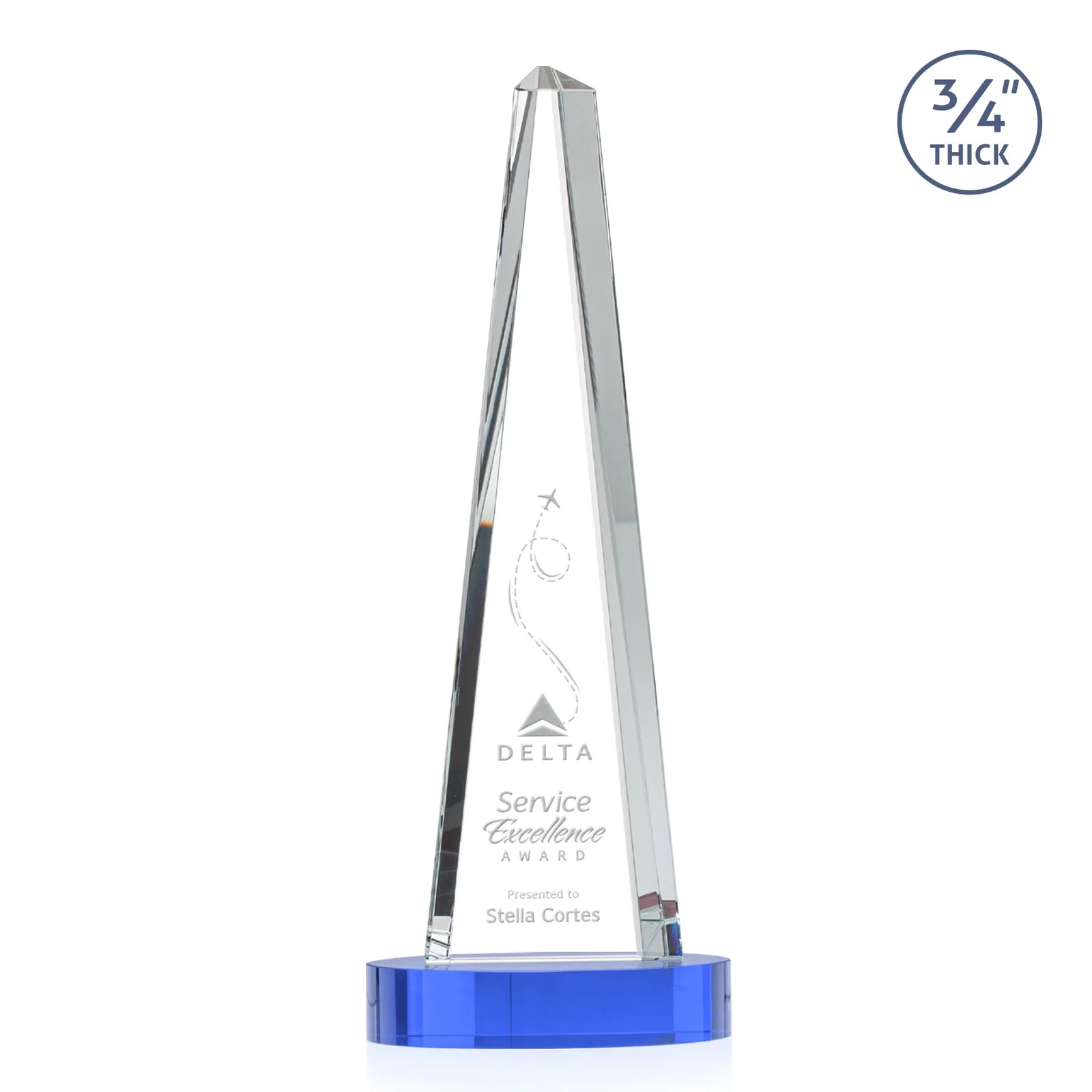 Custom printed Starfire Crystal Tower Award, 3/4 Inch Thick, Alberton Base for team milestone celebrations