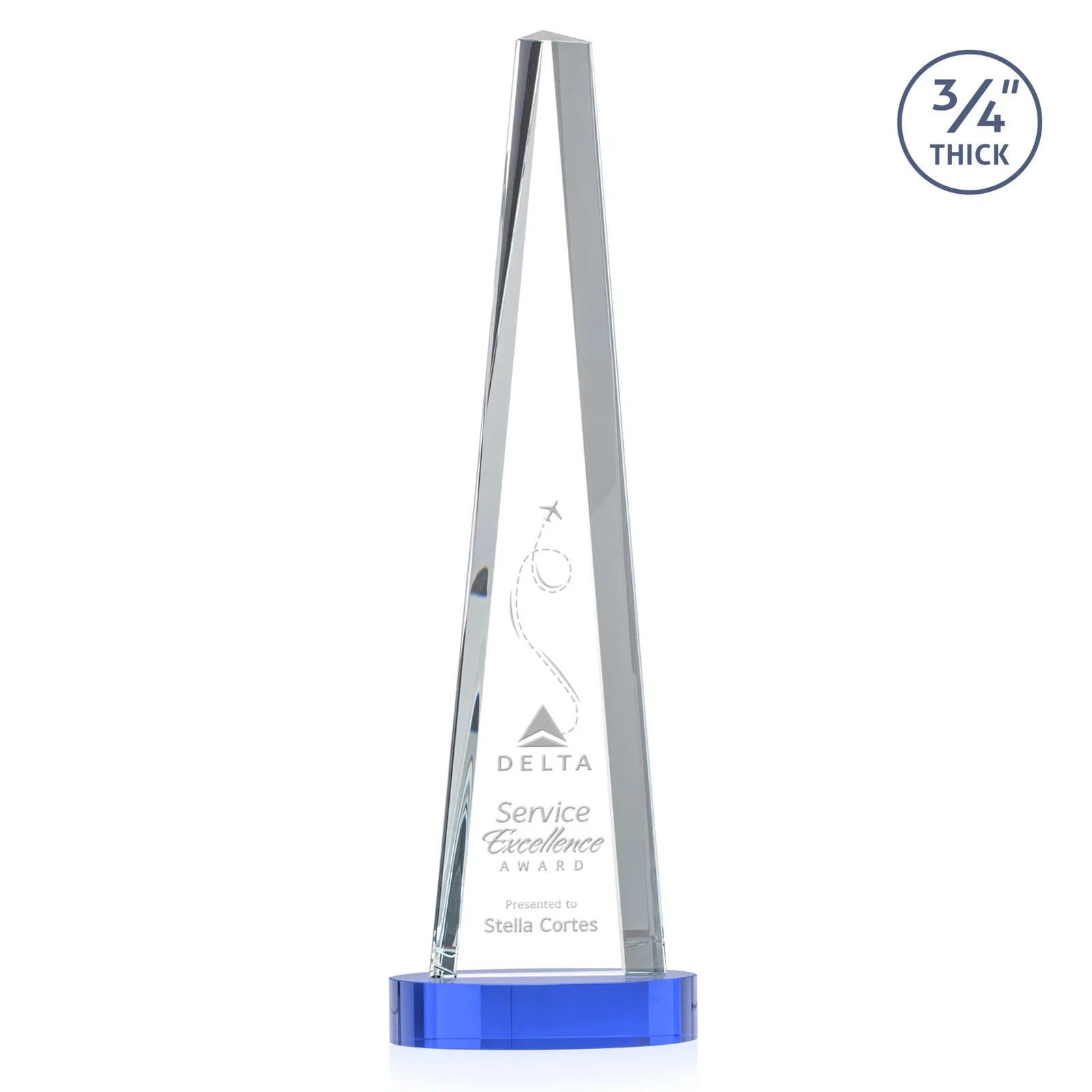 Custom printed Starfire Crystal Tower Award, 3/4 Inch Thick, Alberton Base for donor appreciation