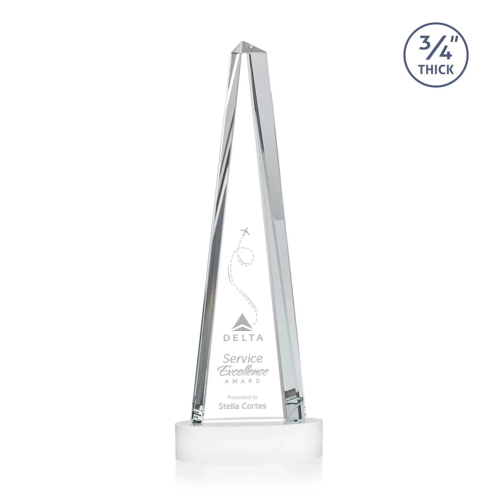 Custom printed Starfire Crystal Tower Award, 3/4 Inch Thick, Alberton Base for volunteer appreciation