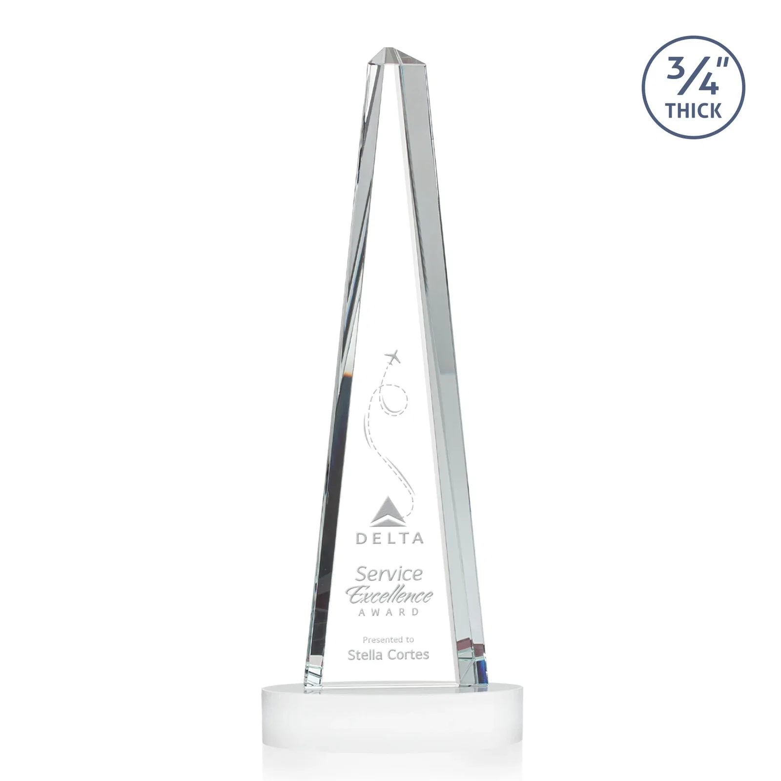 Custom printed Starfire Crystal Tower Award, 3/4 Inch Thick, Alberton Base for dealer and partner awards