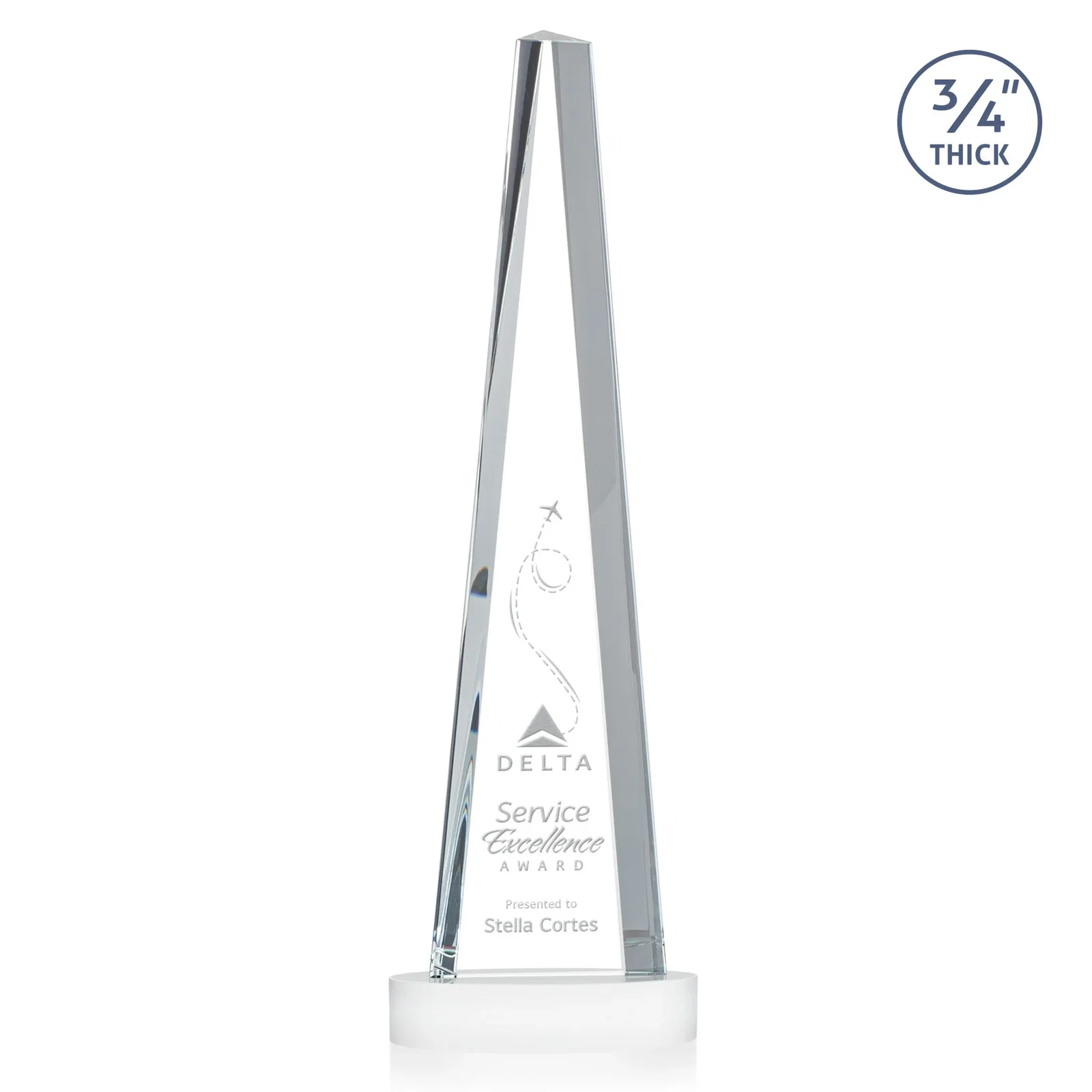 Custom printed Starfire Crystal Tower Award, 3/4 Inch Thick, Alberton Base for company anniversary events