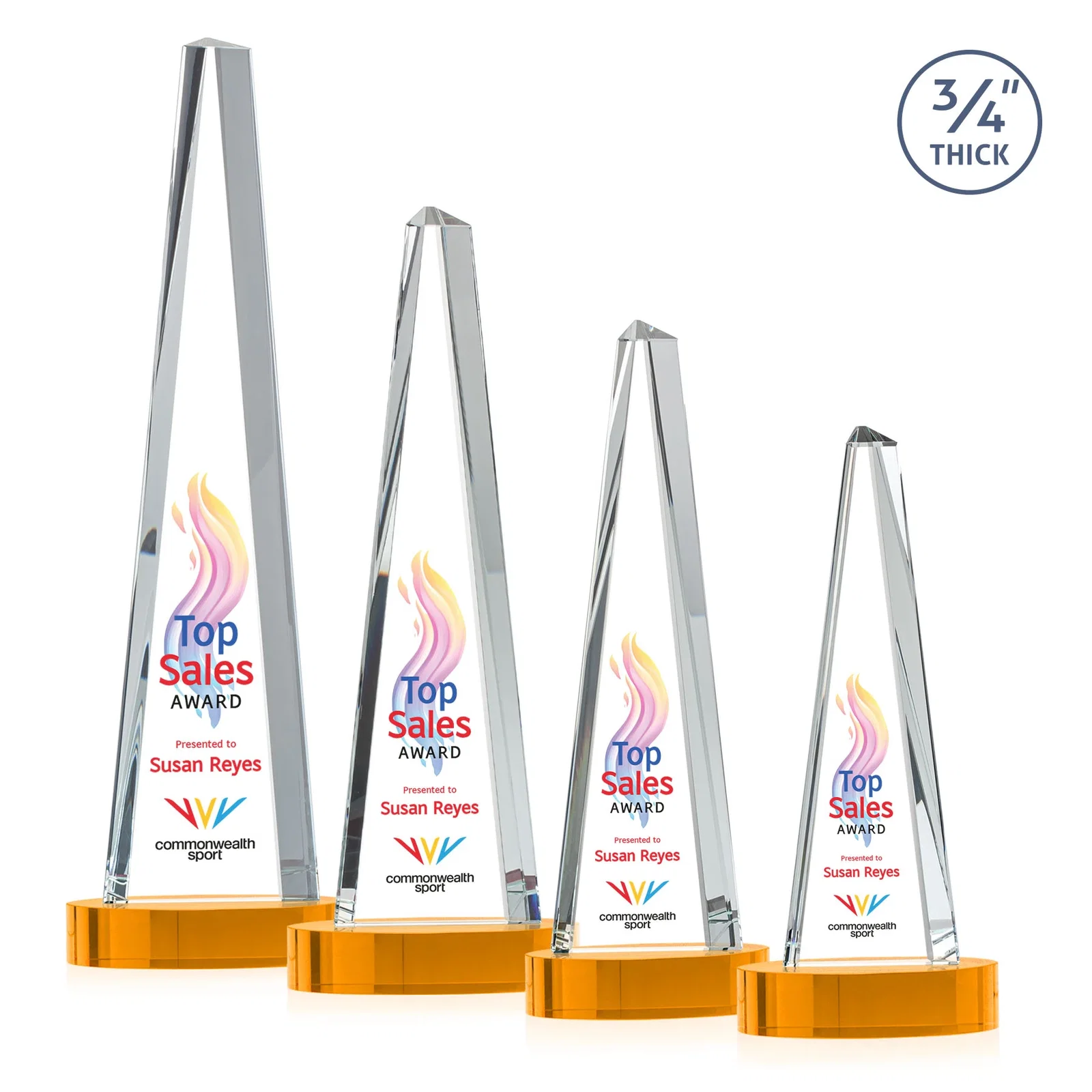 Customized Starfire Crystal Tower Award, 3/4 Inch Thick, Alberton Base for employee recognition
