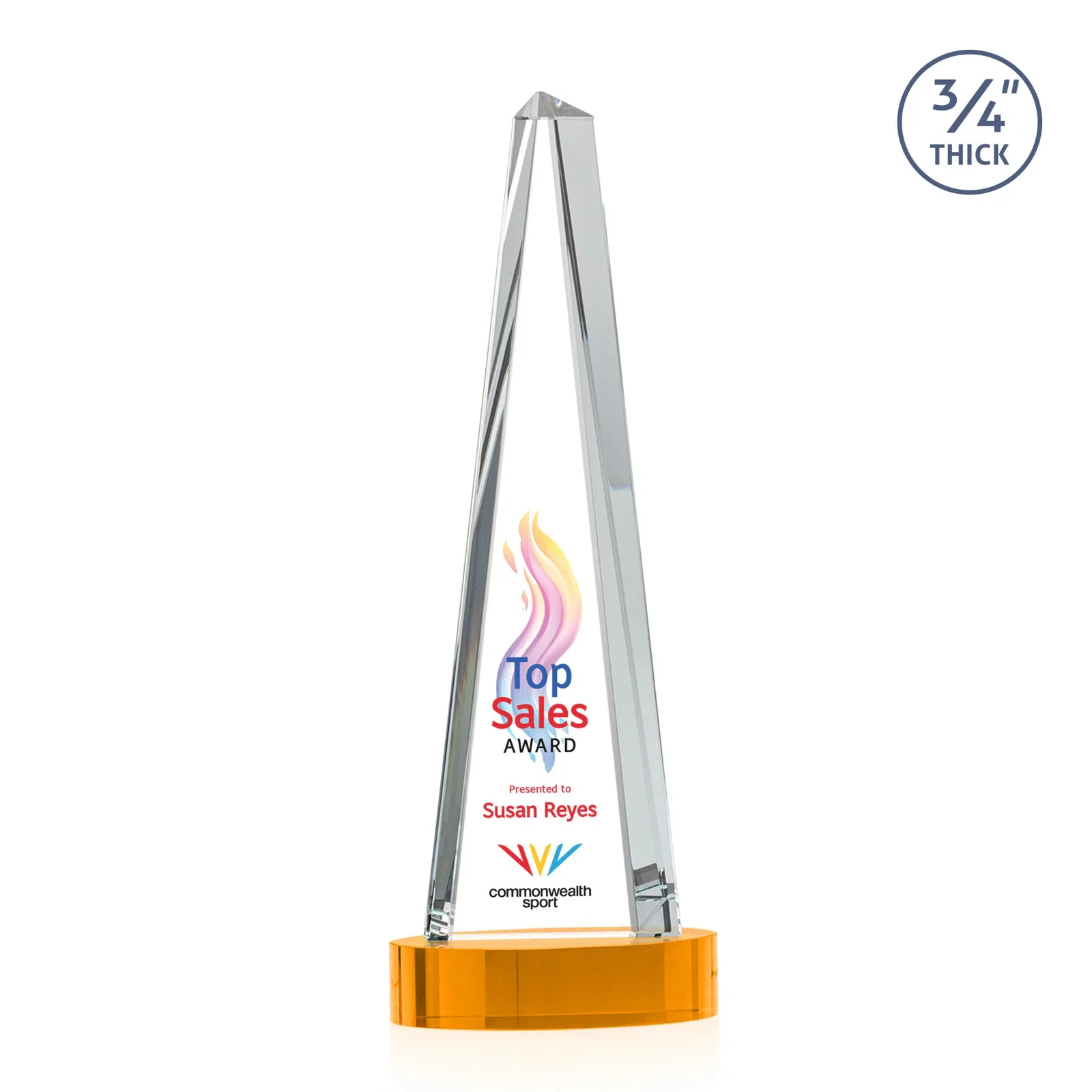 Customized Starfire Crystal Tower Award, 3/4 Inch Thick, Alberton Base for service anniversary gifts