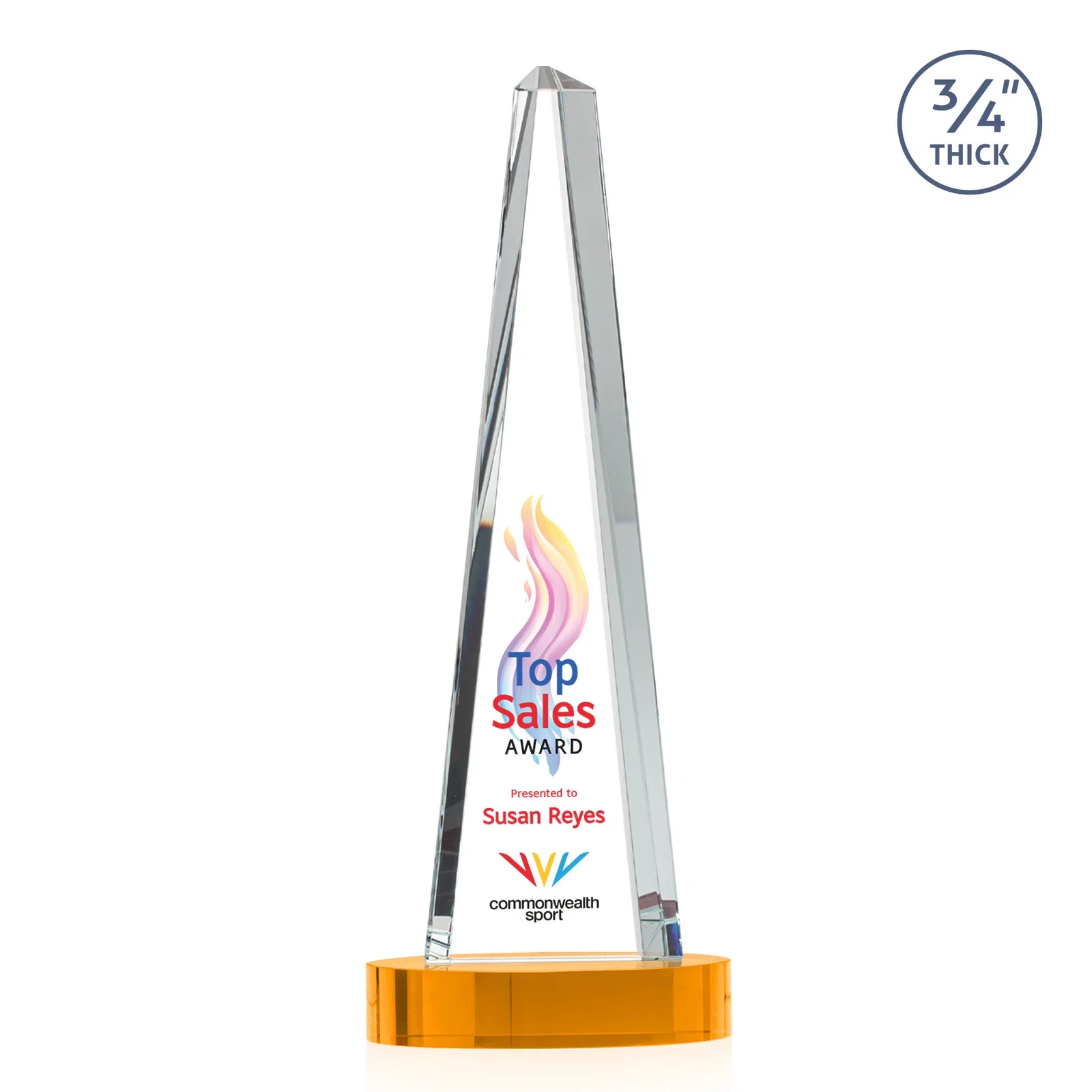 Customized Starfire Crystal Tower Award, 3/4 Inch Thick, Alberton Base for sales achievement awards