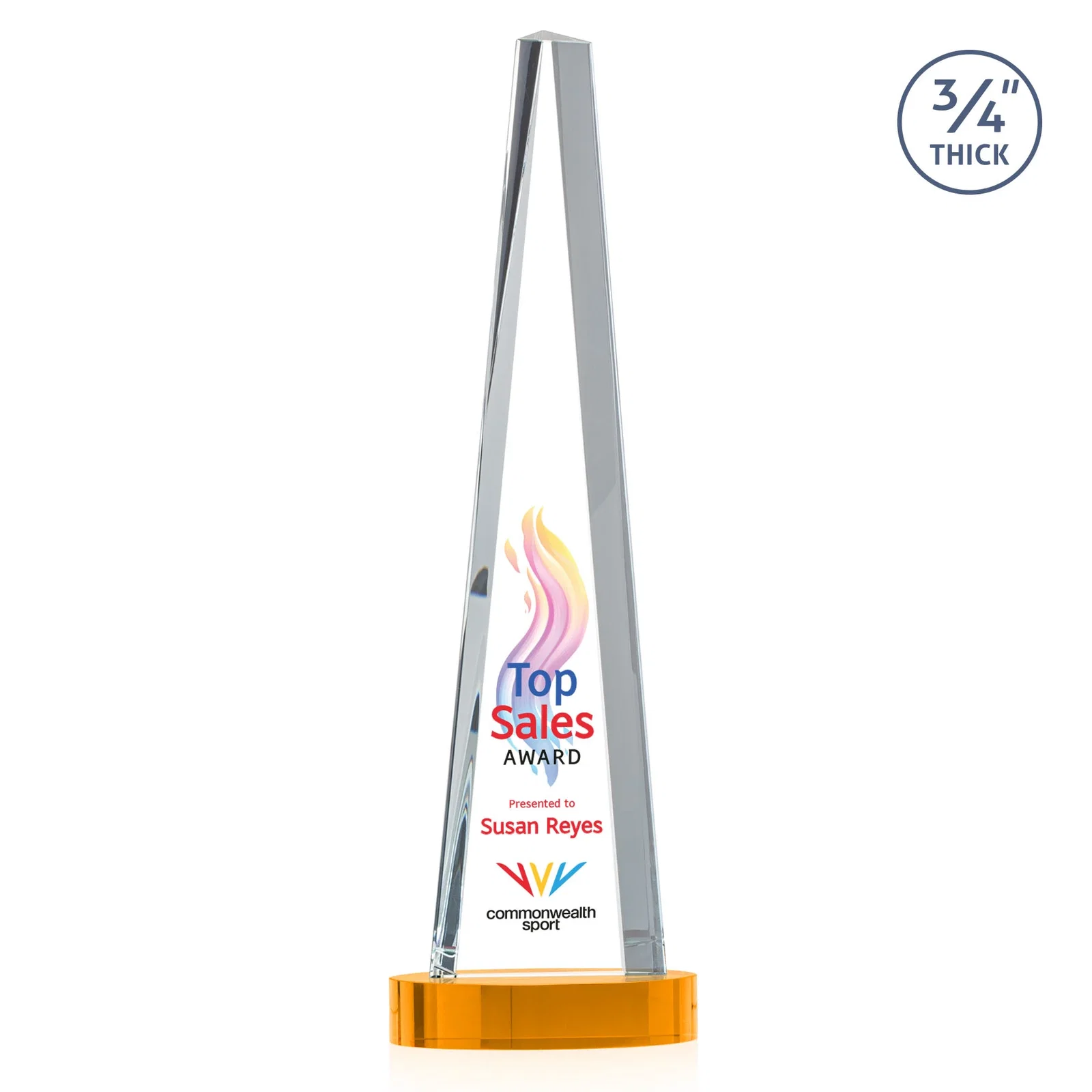 Customized Starfire Crystal Tower Award, 3/4 Inch Thick, Alberton Base for retirement presentations