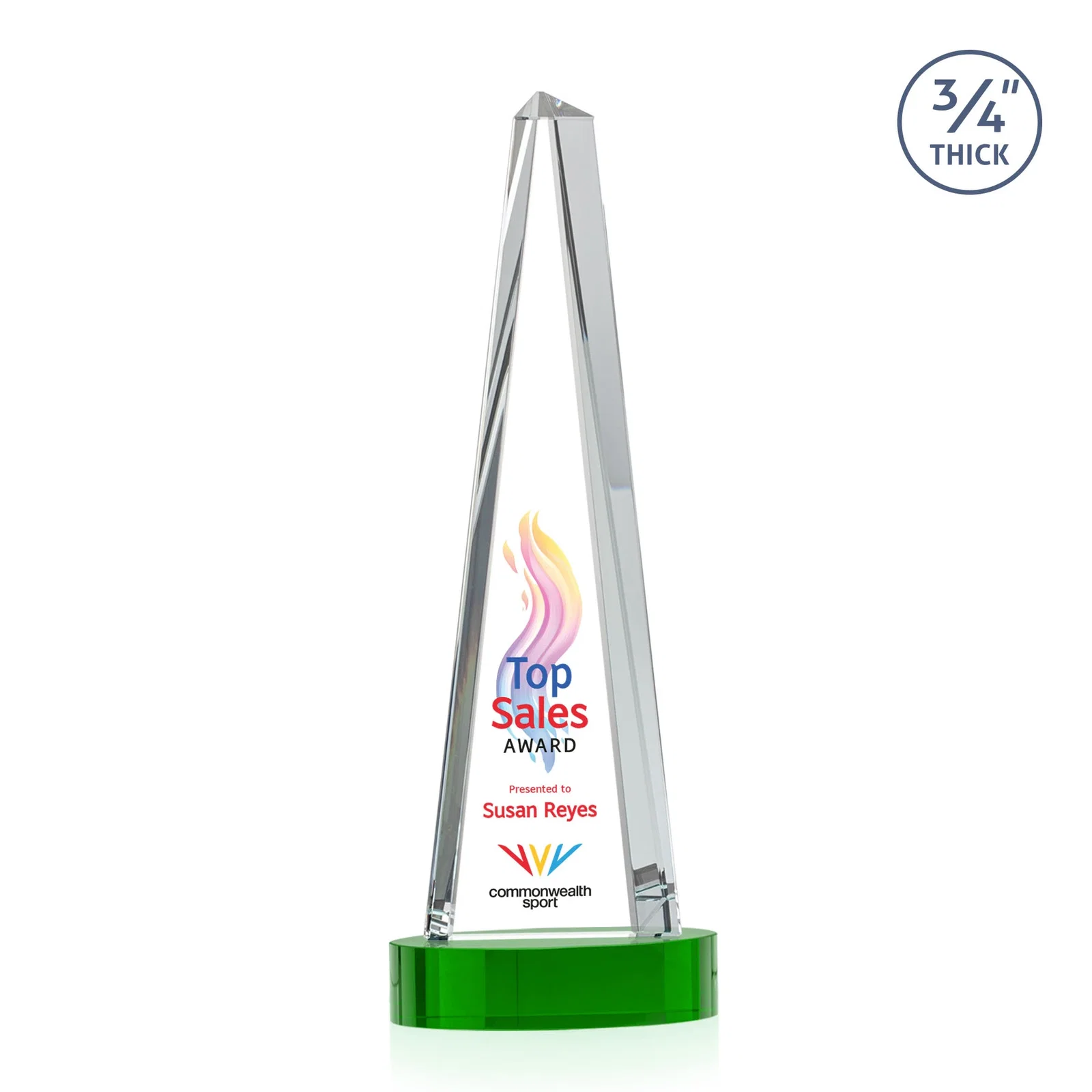 Custom engraved Starfire Crystal Tower Award, 3/4 Inch Thick, Alberton Base for employee recognition