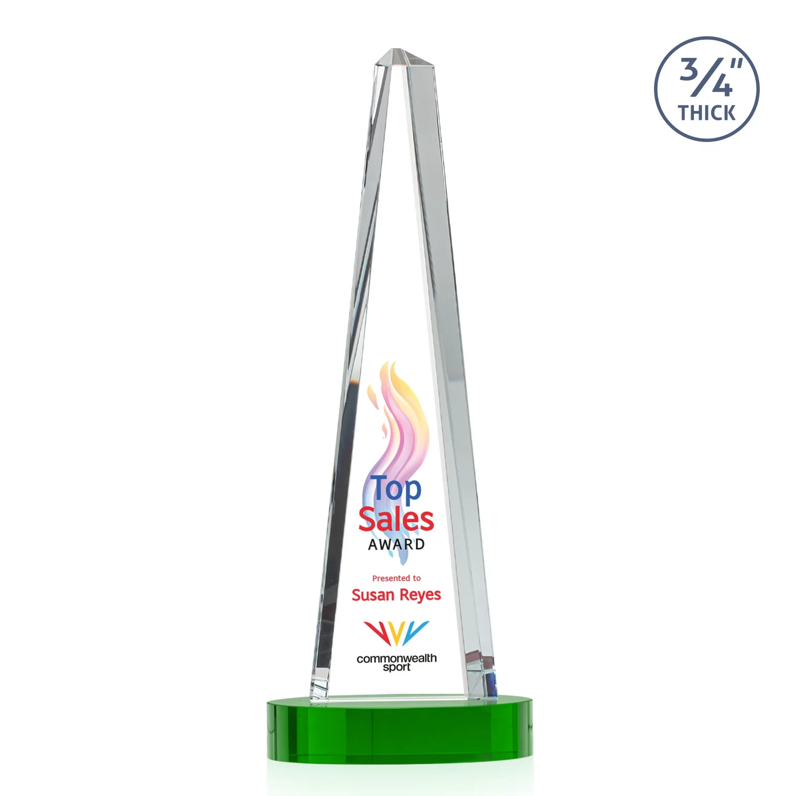 Custom engraved Starfire Crystal Tower Award, 3/4 Inch Thick, Alberton Base for corporate award ceremonies