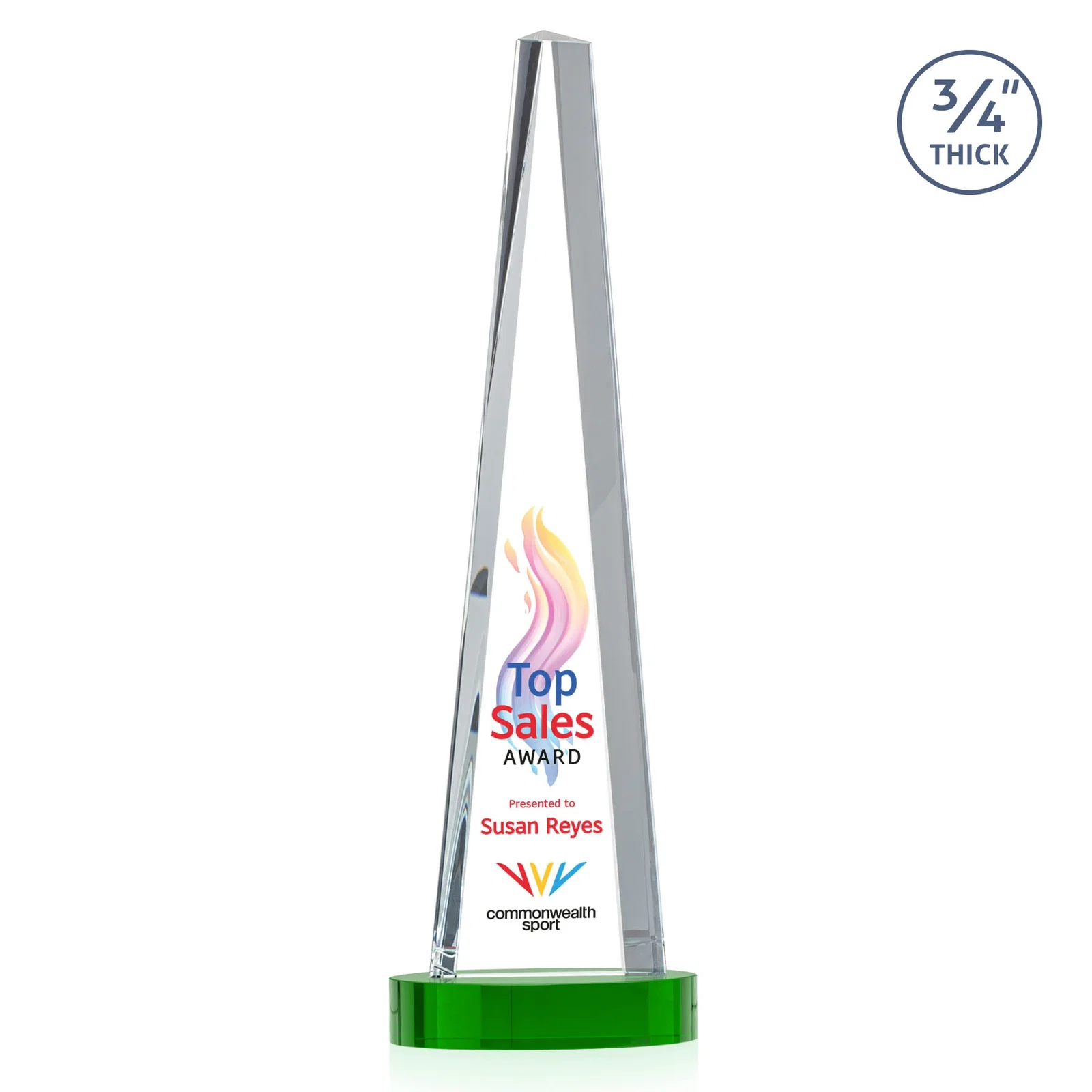 Custom engraved Starfire Crystal Tower Award, 3/4 Inch Thick, Alberton Base for service anniversary gifts
