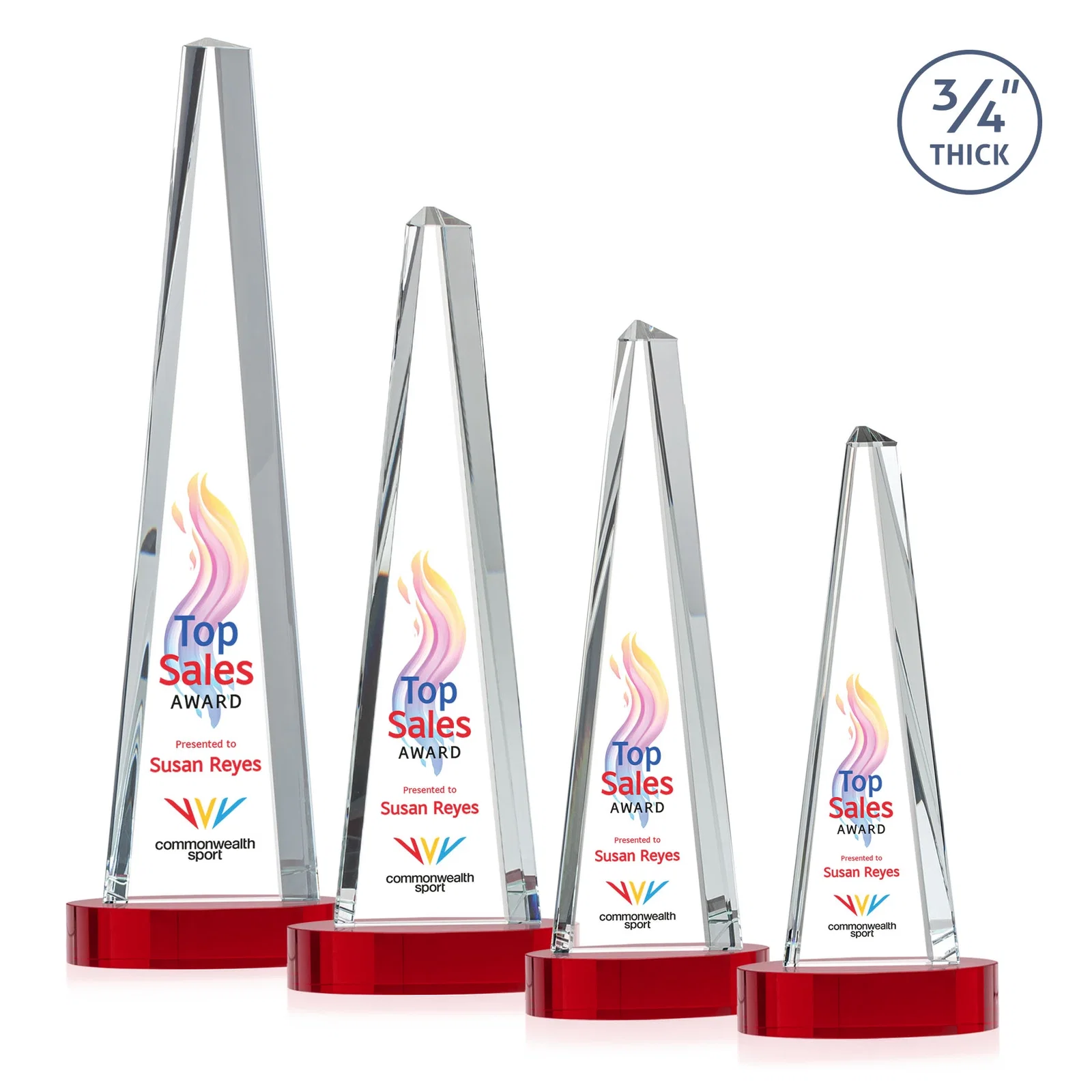 Custom engraved Starfire Crystal Tower Award, 3/4 Inch Thick, Alberton Base for sales achievement awards