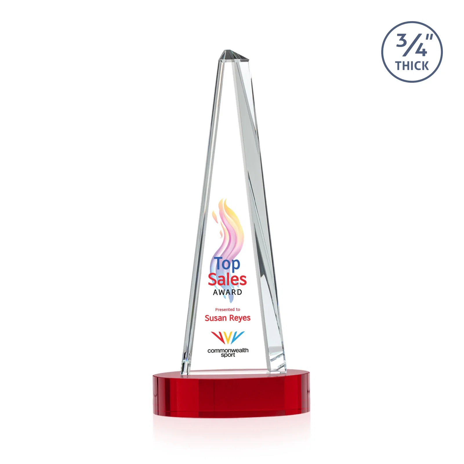 Custom engraved Starfire Crystal Tower Award, 3/4 Inch Thick, Alberton Base for retirement presentations