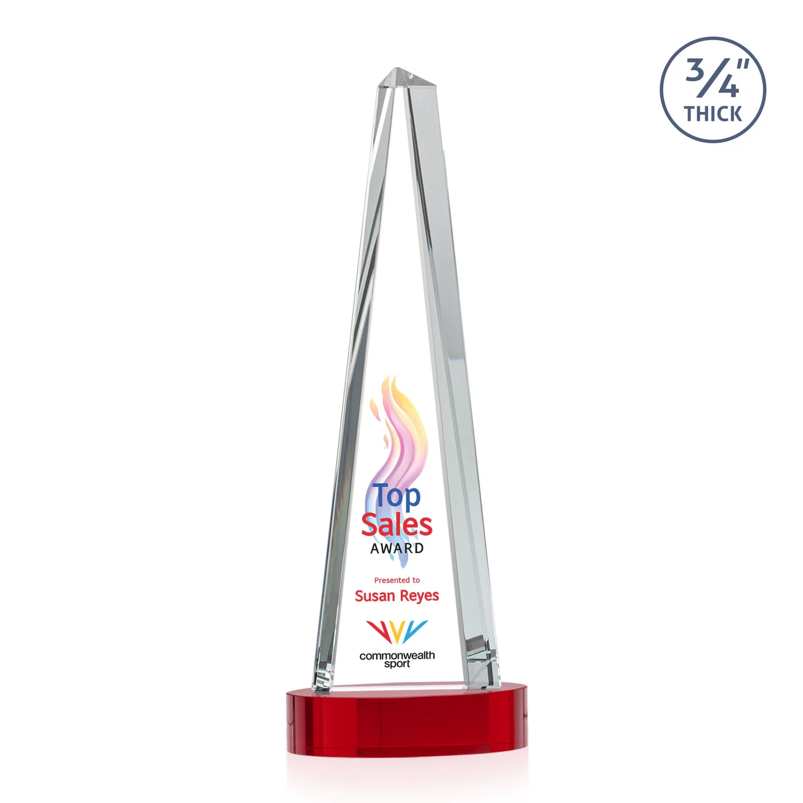 Custom engraved Starfire Crystal Tower Award, 3/4 Inch Thick, Alberton Base for team milestone celebrations