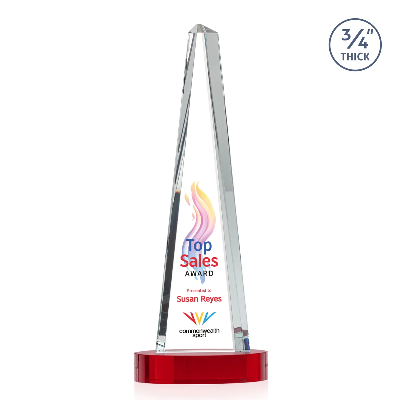 Custom engraved Starfire Crystal Tower Award, 3/4 Inch Thick, Alberton Base for donor appreciation