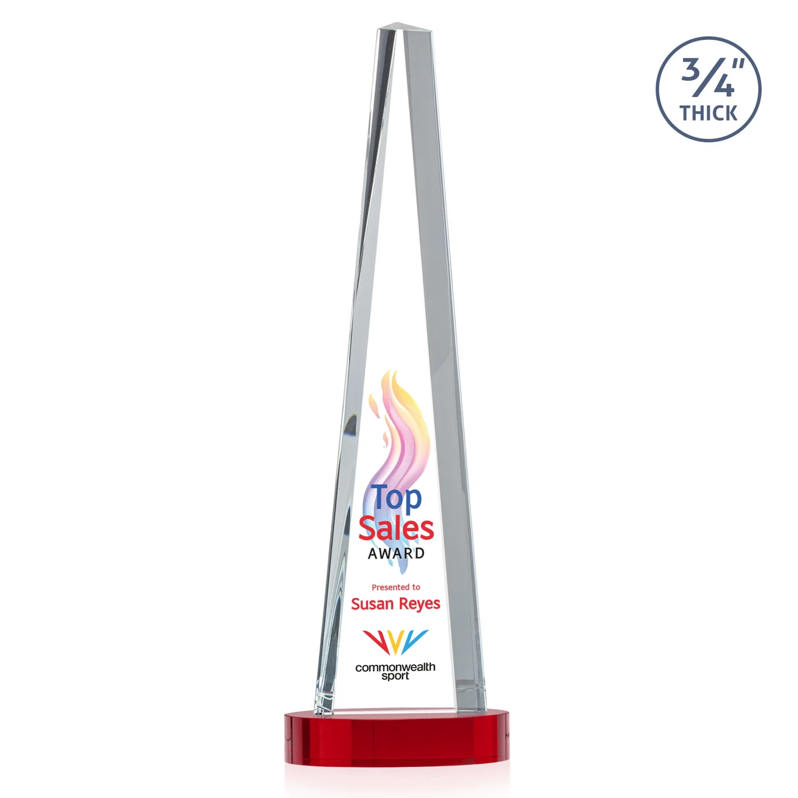 Custom engraved Starfire Crystal Tower Award, 3/4 Inch Thick, Alberton Base for graduation ceremonies